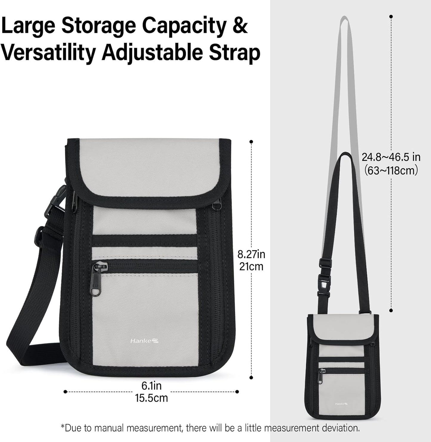 Hanke Passport Holder, Travel Wallet for Womens and Men, Neck Wallet Hidden Passport Pouch for Travel Adjustable Lightweight Thin with 6 compartments (Light Grey)