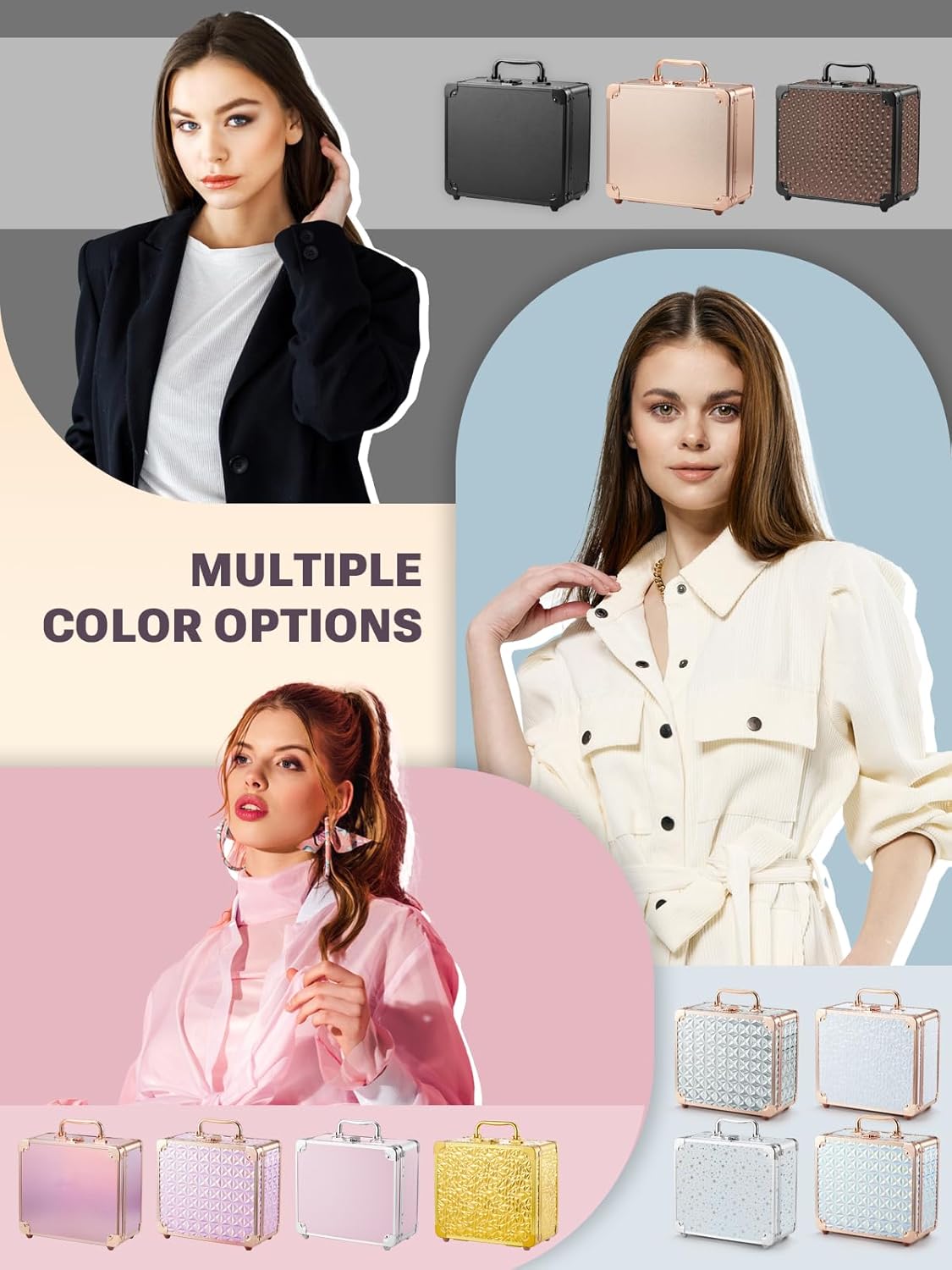 Qislee Makeup Box with A Detachable Lighted Mirror, Waterproof Travel Train Case, Cosmetic Organizer and Makeup Suitcase with Adjustable Dividers, Magnetic LED Mirror(Sparkling Pink)