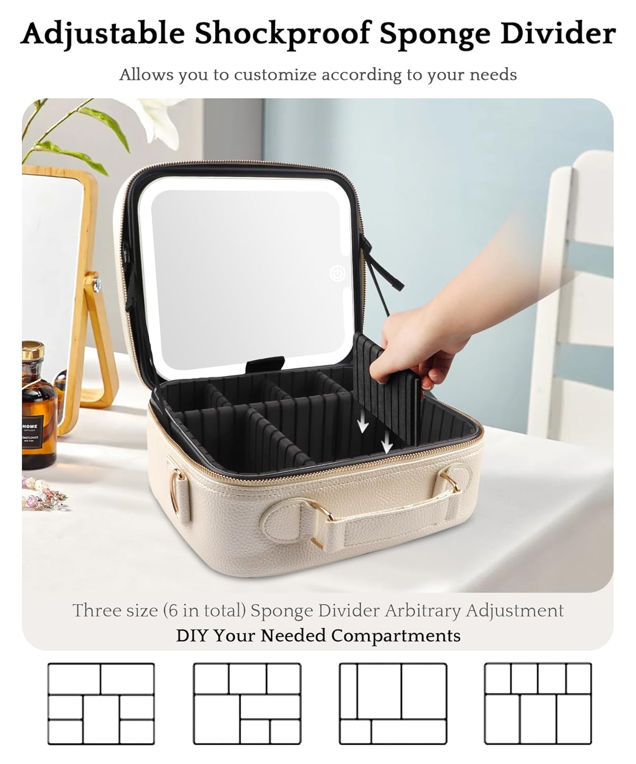 MOMIRA Travel Makeup Bag Cosmetic Bag with Lighted Mirror, Adjustable Brightness in 3 Color Scenarios/Detachable makeup mirror, All-round Upgrade, Waterproof, Gift for Women -Khaki