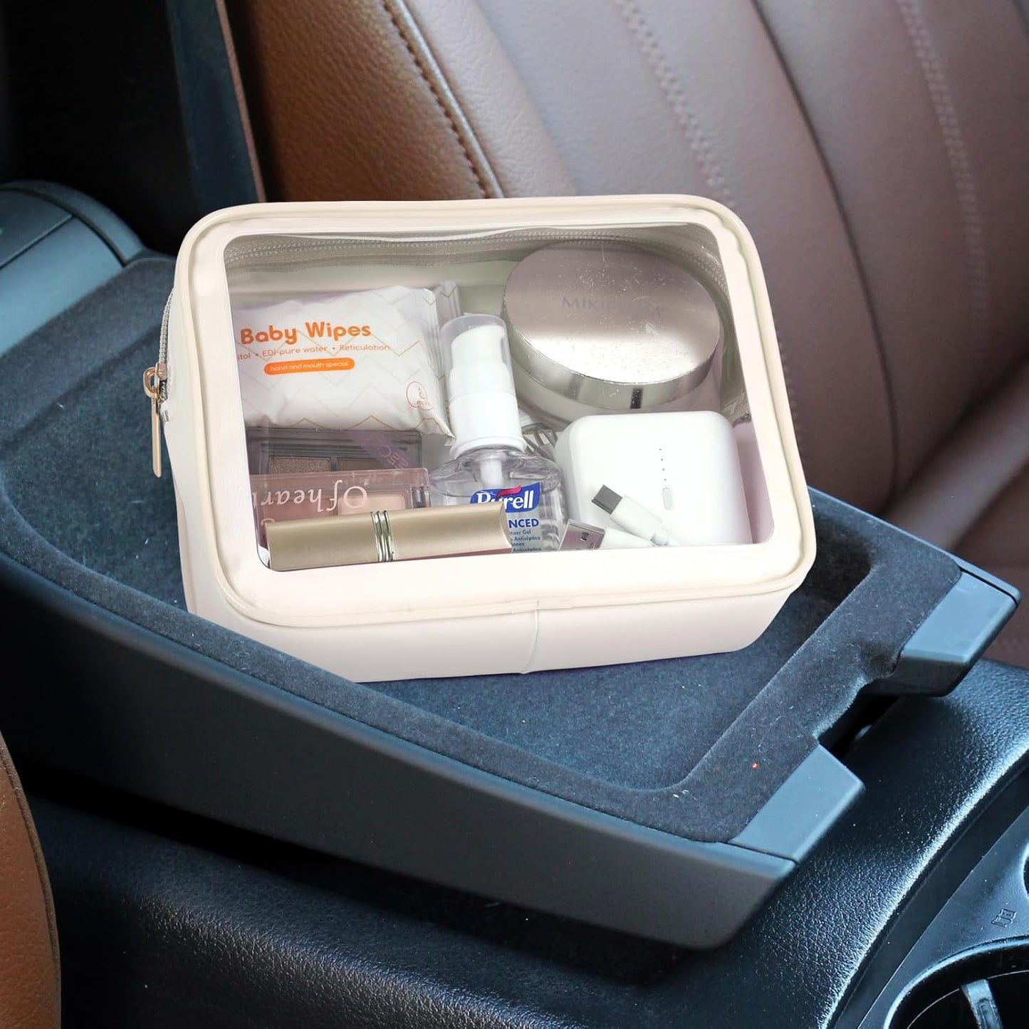 PACKISM Clear Makeup Bag - Soft Plastic Color-Edged TSA Approved Toiletry Bag, Reusable Clear Toiletry Bags with Golden Zipper, Beige