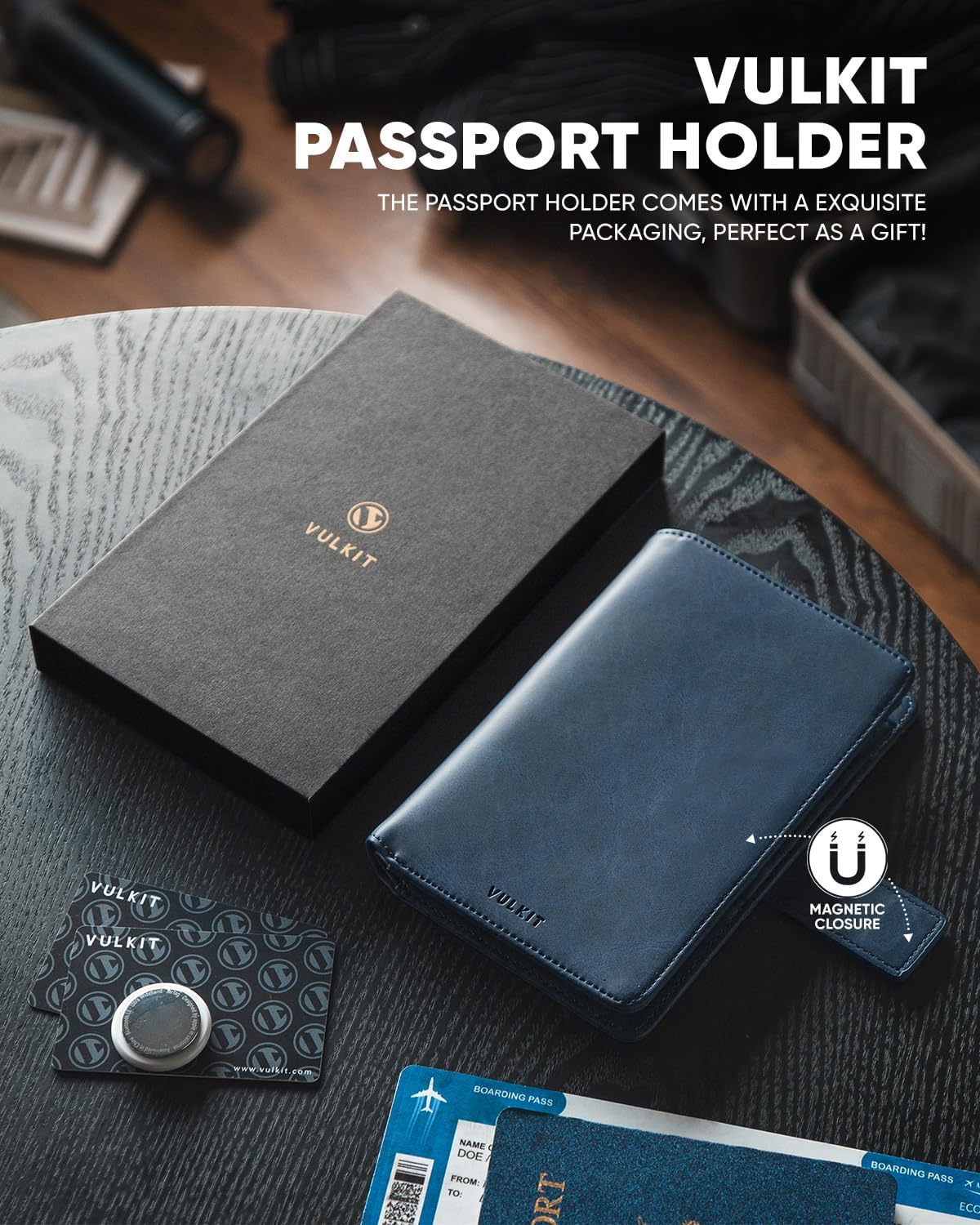 VULKIT Passport Holder with Airtag Holder RFID Blocking Passport Wallet Travel Leather Passport for Women(Navy)