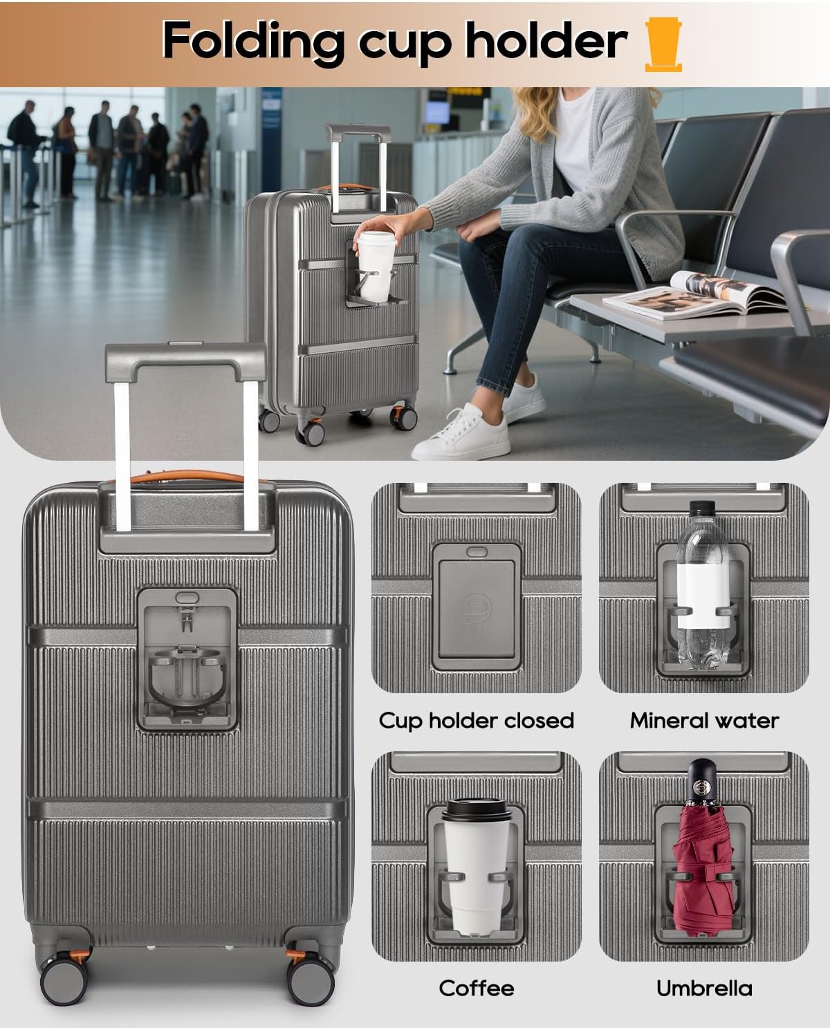 Joyway Carry on Luggage Airline Approved with Front Pocket, Hard Shell 20 Inch Travel Luggages with Cup Holder, Carry-on Suitcase with Spinner Wheels for Men and Women (Grey, 20 Inch)