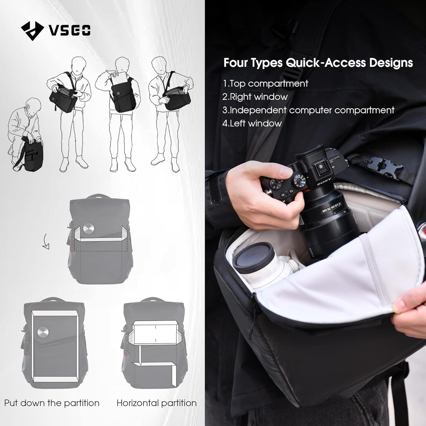 VSGO Black Snipe Camera Backpack 16L – Lightweight 1.1kg Professional DSLR/SLR Photography Bag for Sony, Canon, Nikon Cameras, DJI Stabilizers, Travel & Outdoor Use