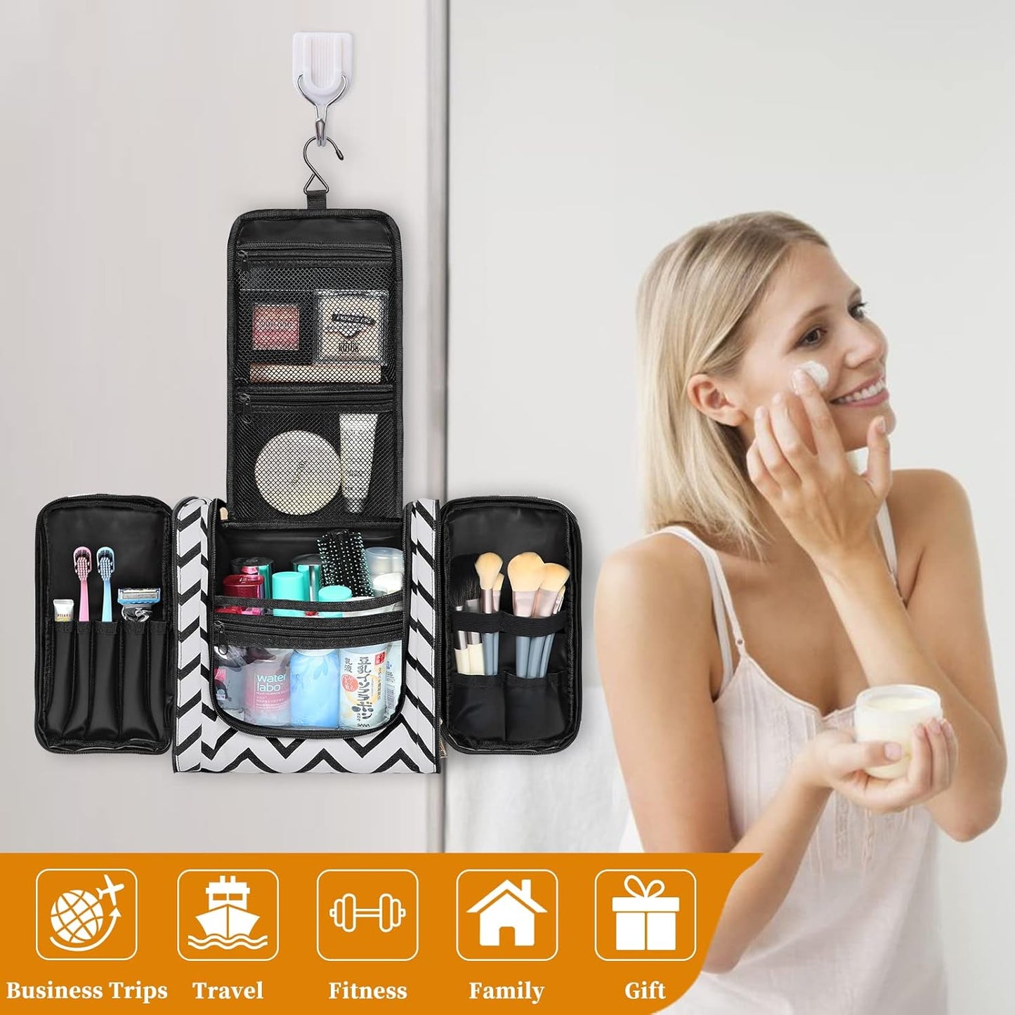 Hanging Travel Toiletry Bag,Large Capacity Cosmetic Travel Toiletry Organizer for Women with 4 Compartments & 1 Sturdy Hook,Perfect for Travel/Daily Use/Christmas