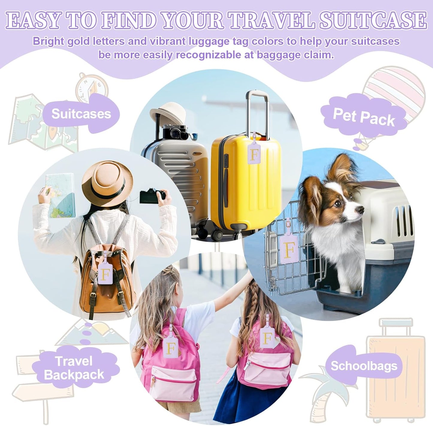 Personalized Initial Luggage Tags for Suitcase, Purple Leather Cute Luggage Tags with Privacy Cover Name Card, Embroidered Custom Monogrammed Luggage Tag Travel Backpack Tags Gifts for Women Kids(F)