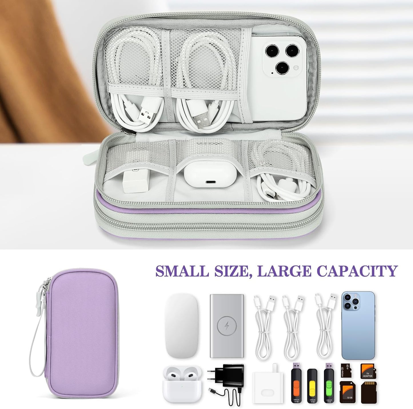 FYY Electronic Organizer, Travel Cable Organizer Bag Pouch Electronic Accessories Carry Case Portable Waterproof Double Layers All-in-One Storage Bag for Cable, Cord, Charger, Phone,-Light Purple
