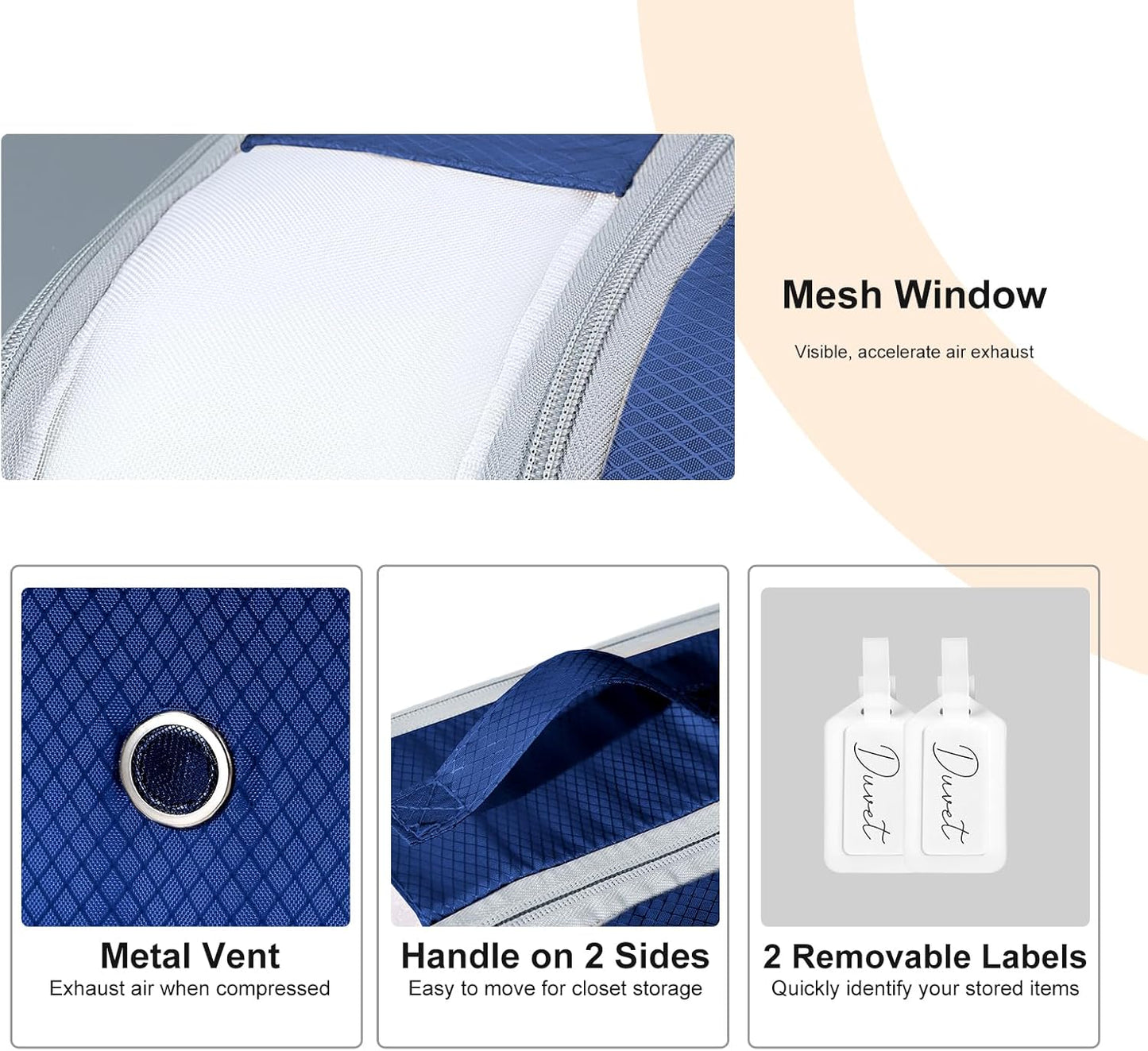 Comforter Storage Bag - Large Capacity Bedding Storage Bags Ultra Space Saving Self Compression Organizer, Washable Compression Bags for Storage Comforter Blanket Duvet, 2-Pack, Navy Blue