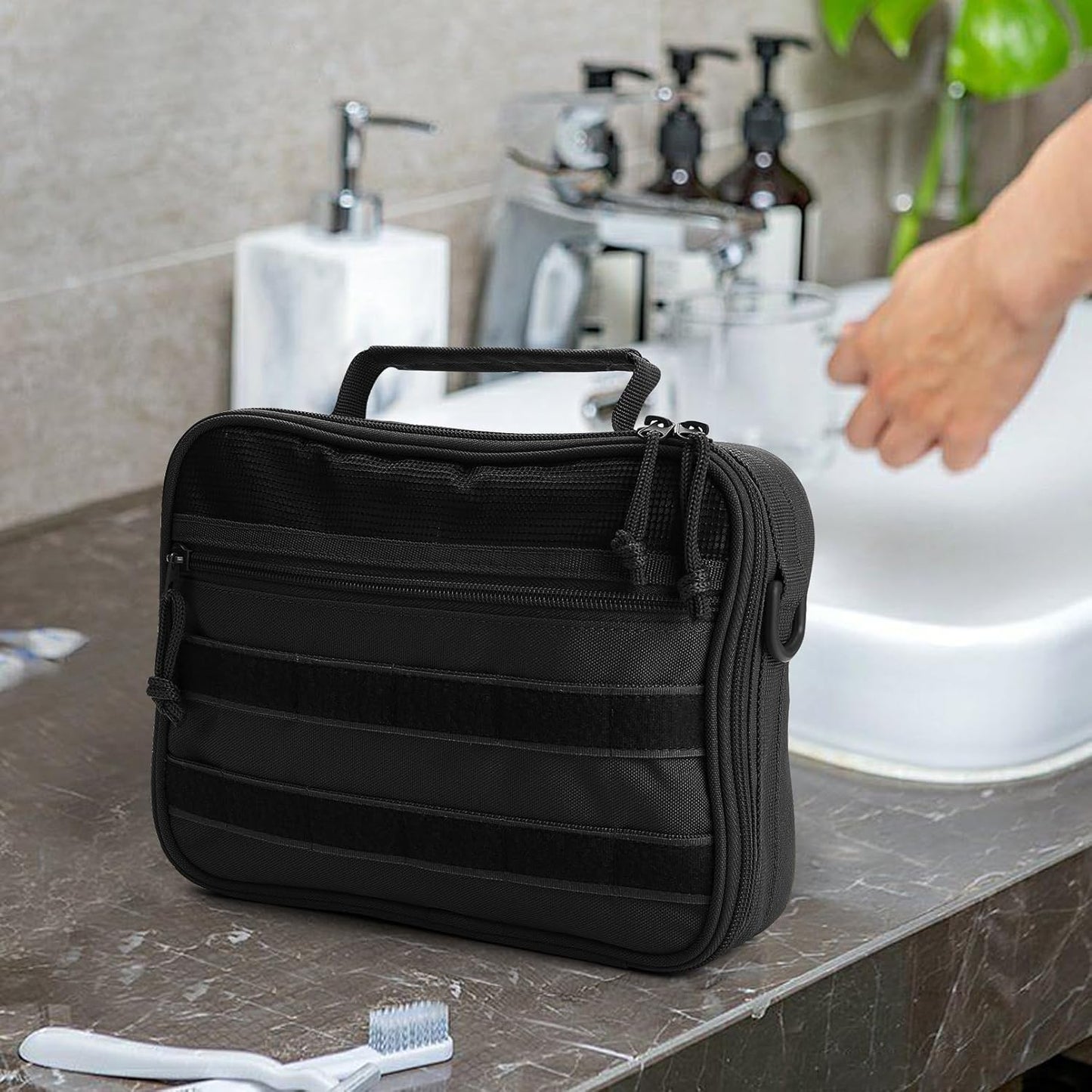Travel Toiletry Bag for Men,Hanging Hook Toiletry Bag, Spacious Portable Organizer Dopp Kit Shaving Bag for Toiletries Makeup Accessories Tactical Essentials - Black