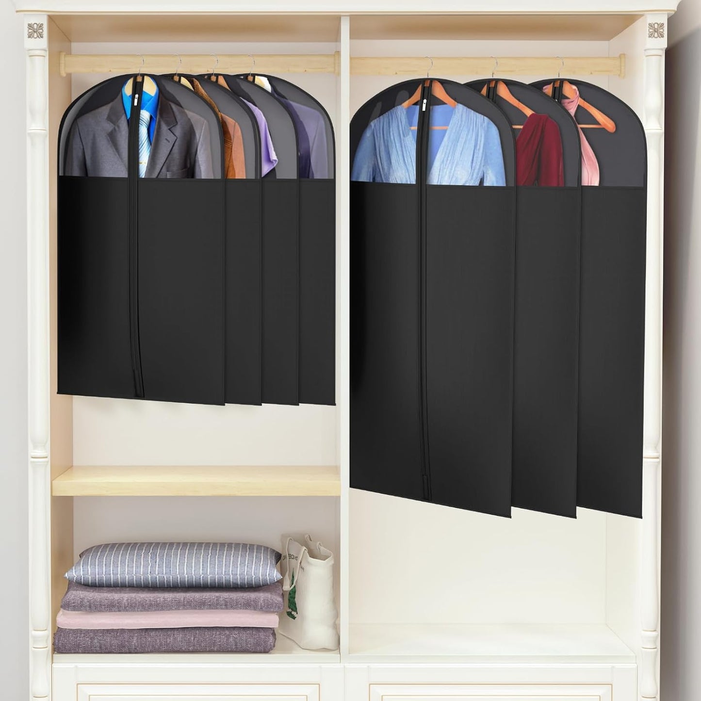 Univivi Long Garment Bags for Hanging Clothes, 54" Dress Bags for Gowns Long for Closet Storage with Large Visible Window for Long Suits, Coats, Dresses, 6 Pack, Black
