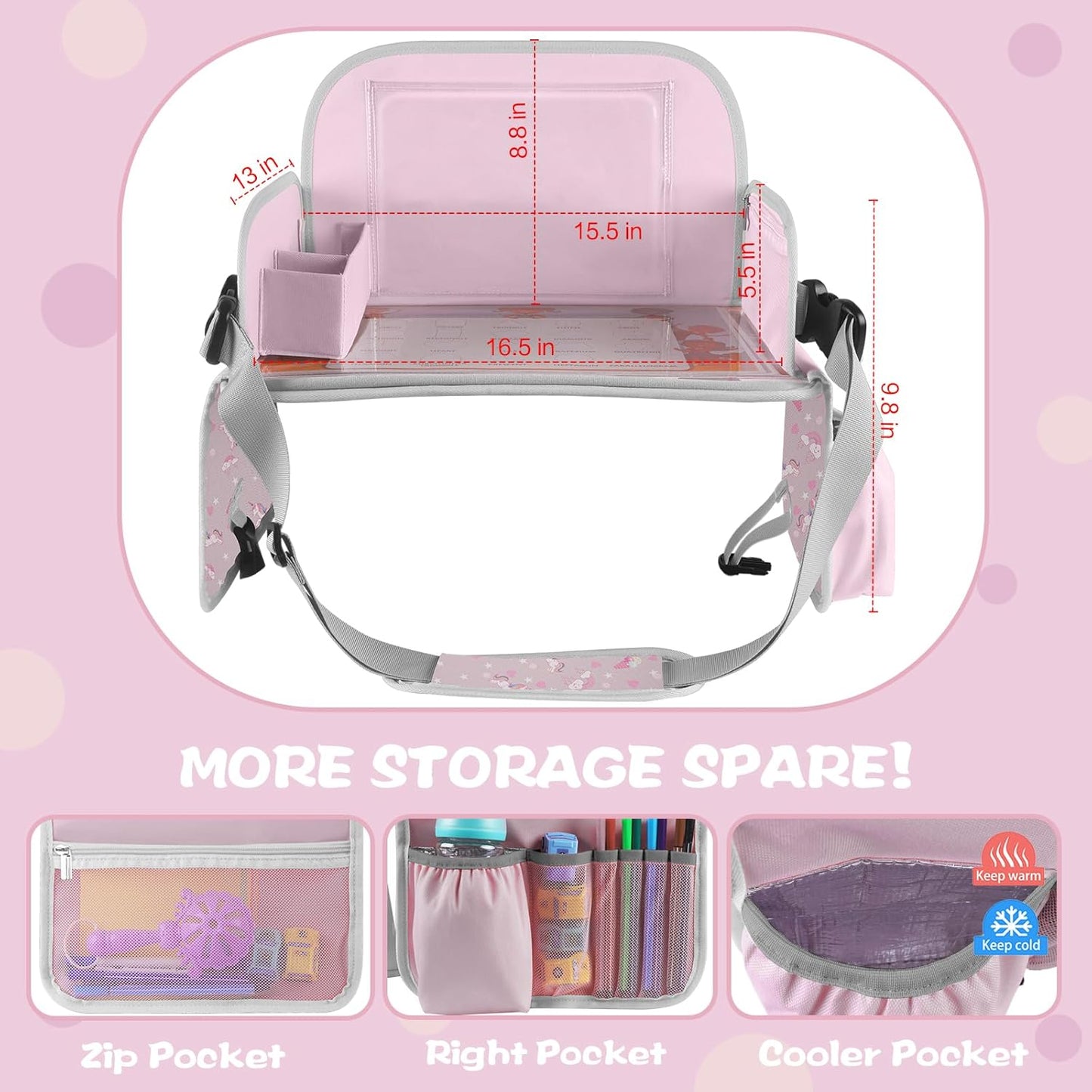 MENZOKE Kids Travel Tray, Car Seat Tray for Long Road Trips & Airplane Rides, with Cooler Cup Holder, Educational Dry Erase Board & Tablet Holder, Cute Unicorn Print, Light Purple