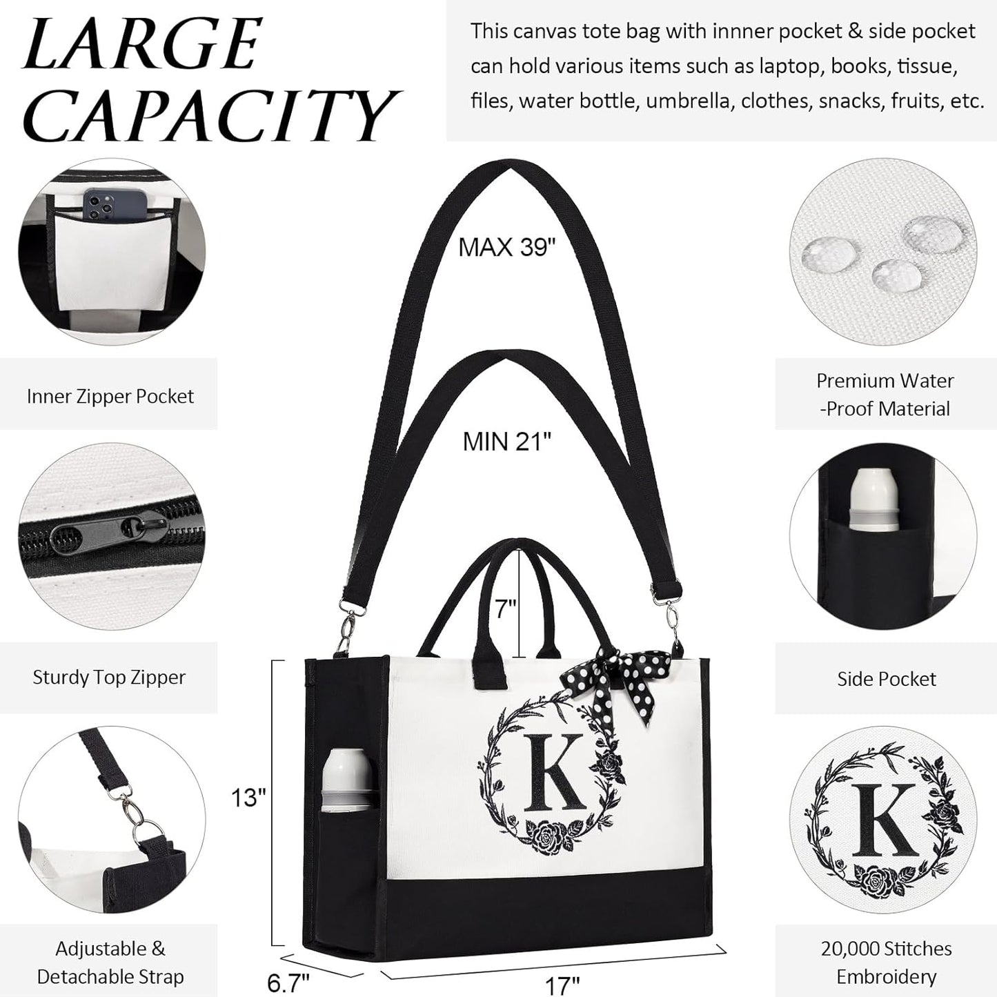 Personalized Christmas Gifts for Women, Initial Canvas Tote Bag & Makeup Bag Monogrammed Beach Tote Bags for Women w/Zipper, Birthday Gifts for Mom Her Sister Friend Girlfriend Wife Daughter Teacher