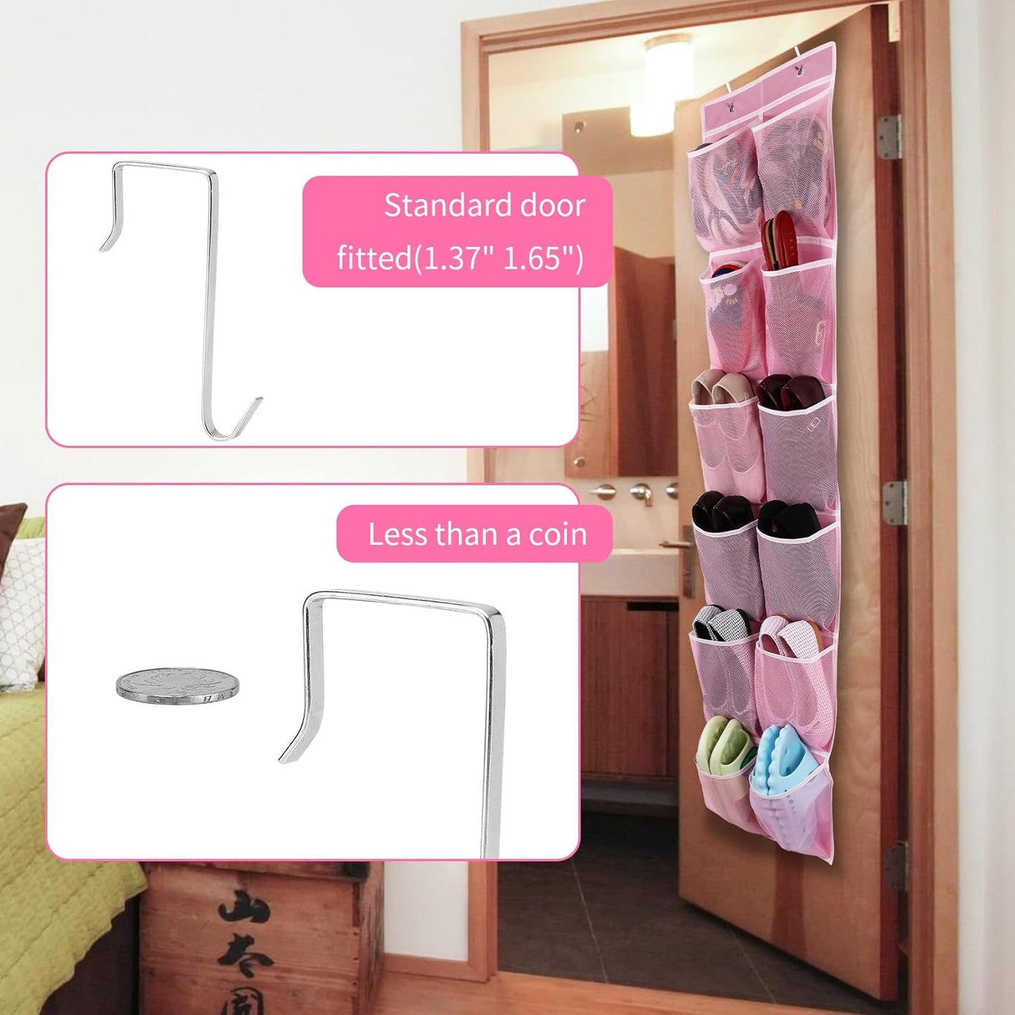 Over the Door 12 Pocket Hanging Shoe Organizer, Pink