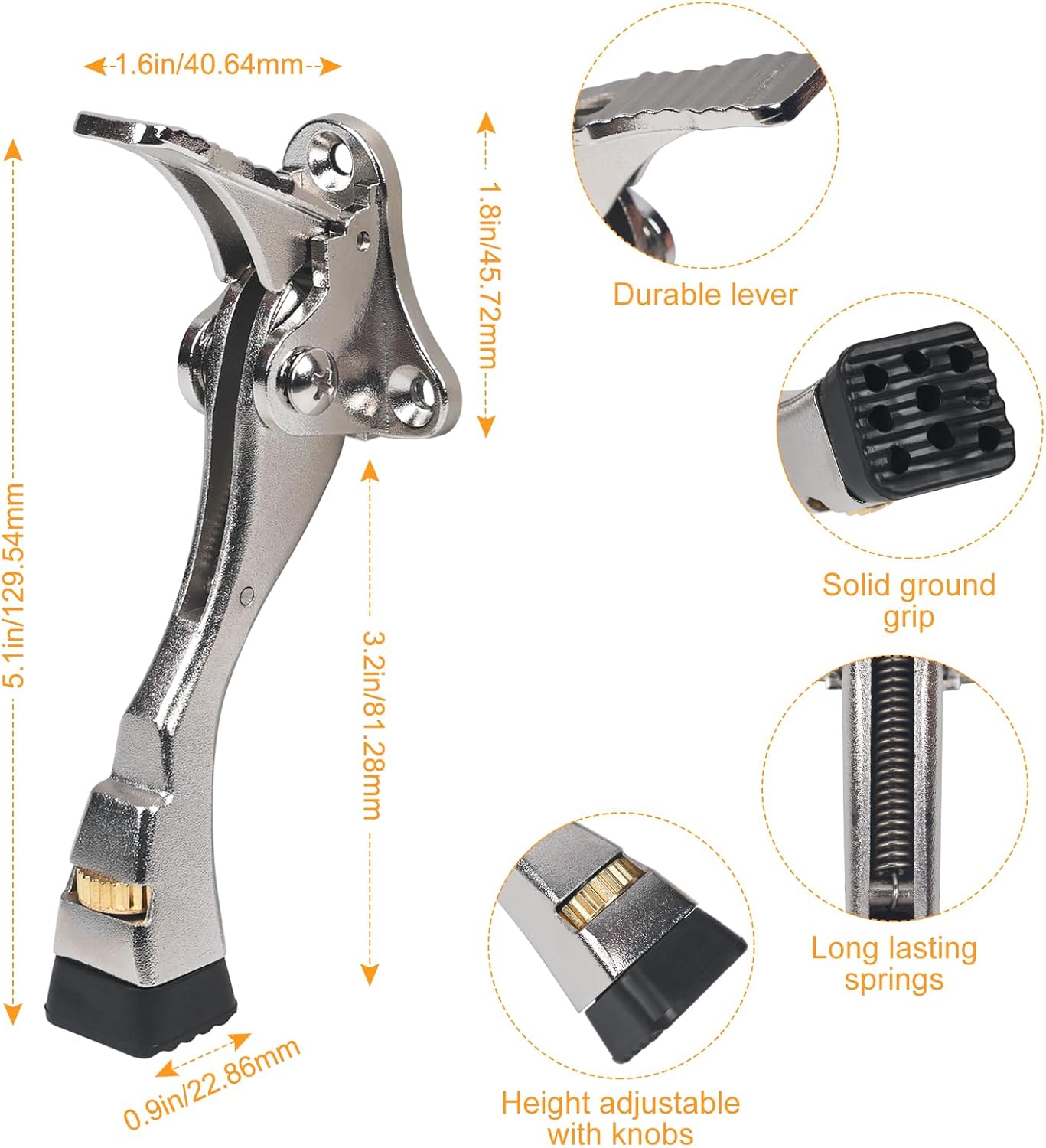 2 Packs Heavy Duty Kickdown Door Stopper, One Touch Adjustable Kickdown Door Stop for Heavy Doors, 4 in Metal Door Kickstand with Rubber Tip & Wall Protectors for Wide Doors