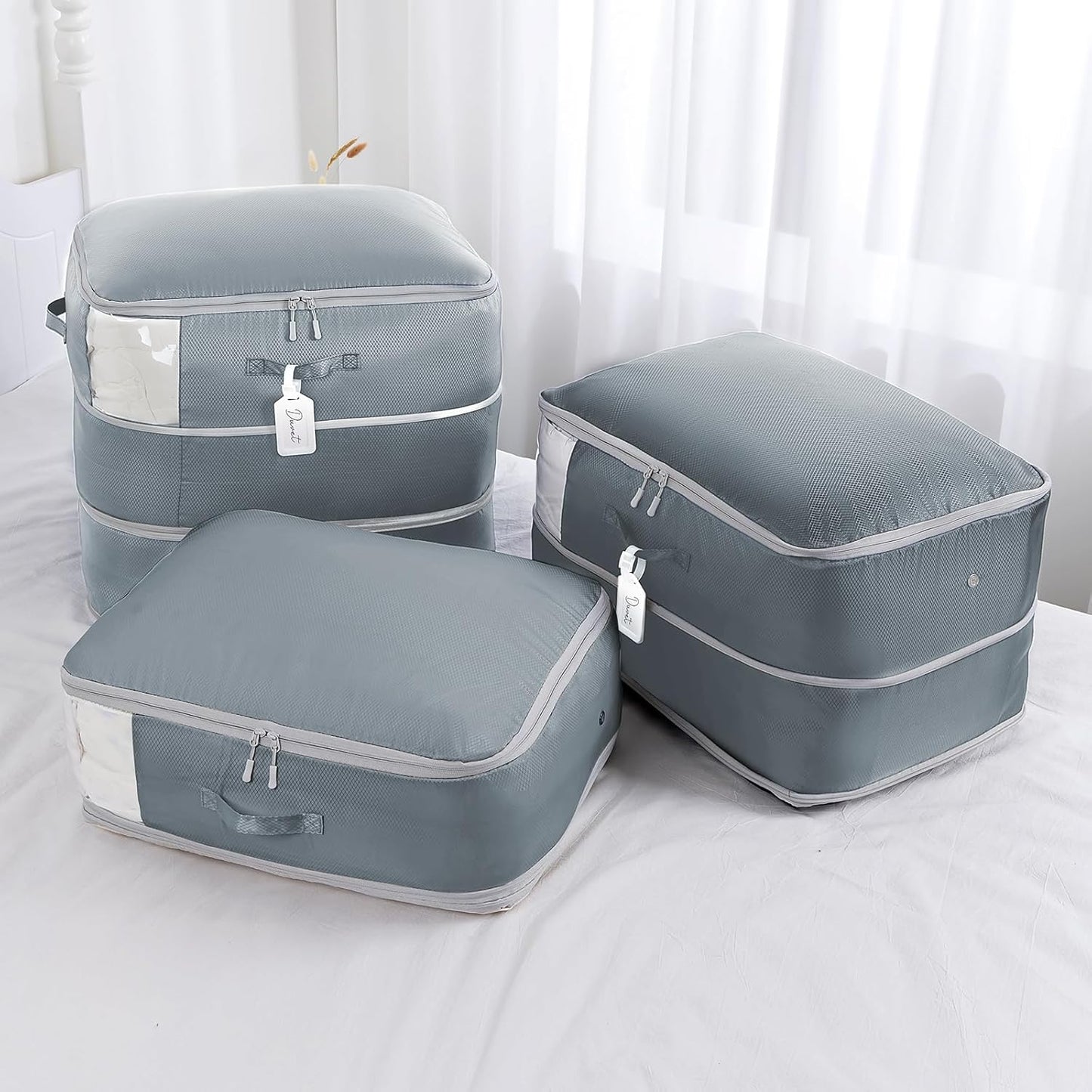 Comforter Storage Bag - Large Capacity Blanket Storage Bags 3-Layer Ultra Space Saving Self Compression Organizer, Washable Compression Bags for Storage Comforter Blanket, 8-Pack, Grey