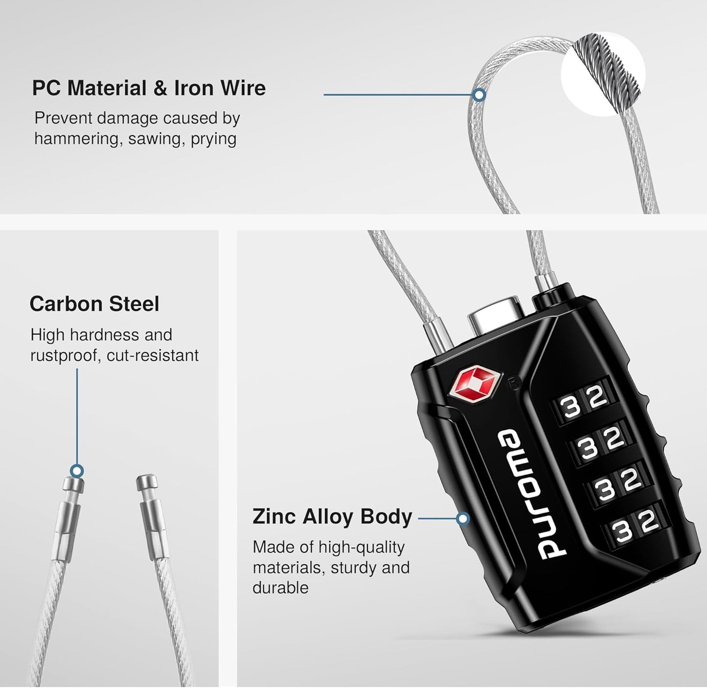 Puroma 6 Pack TSA Approved Luggage Locks, 4 Digit Combination Travel Locks Resettable Code Lock with Zinc Alloy Body for Suitcase, Toolbox, Backpack, Bag, Gym Locker (Black)