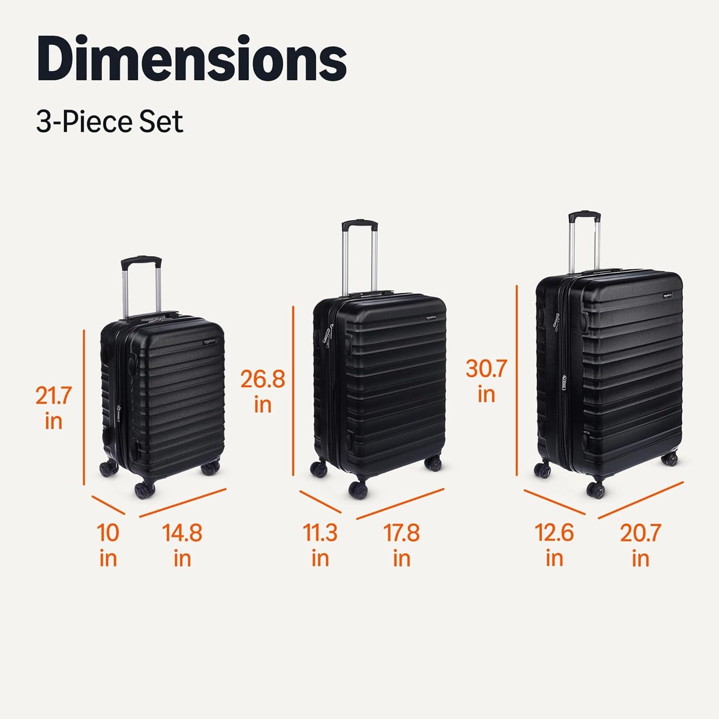Amazon Basics 3-Piece Set (21", 26", 30"), Hardshell Suitcases With Wheels, Expandable For Up to 25% More Space, With Scratch-Resistant Surface, Four Multi-directional Wheels, Black