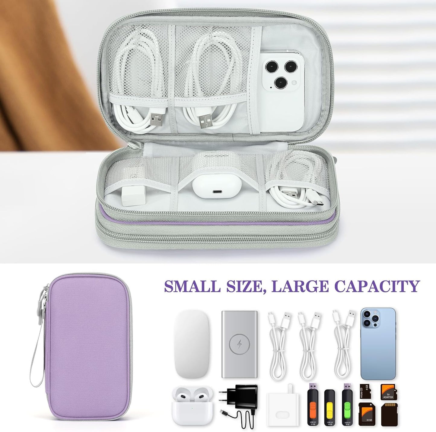 FYY Electronic Organizer, Travel Cable Organizer Bag Pouch Electronic Accessories Carry Case Portable Waterproof Double Layers Storage Bag for Cable, Charger, Phone, Medium Size- Light Purple