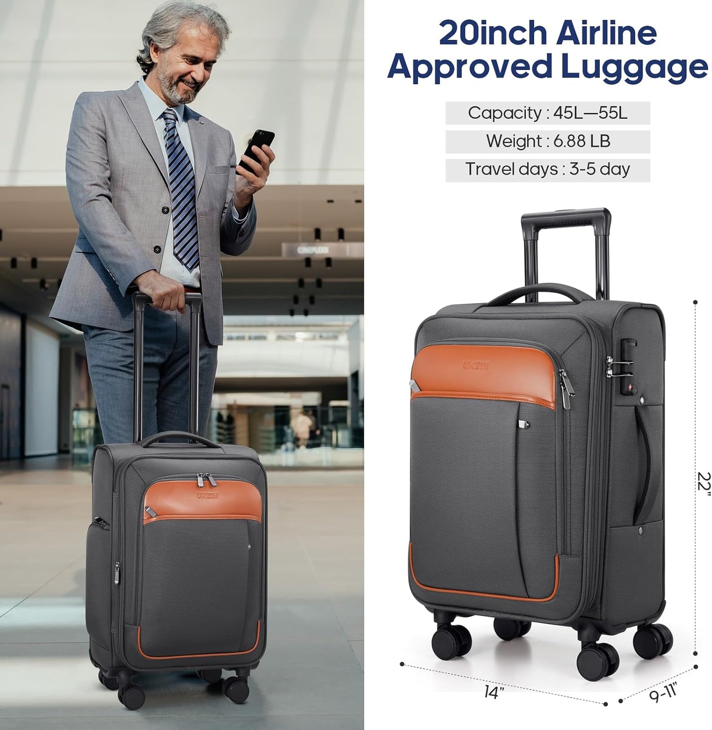 UKEIN Expandable Carry On Luggage 22x14x9 Airline Approved, 20Inch Softside Carry On Suitcase with Wheels & TSA Lock, Travel Suitcase with 4-Piece Packing Bags for Women Men (Grey, Carry on (20in))