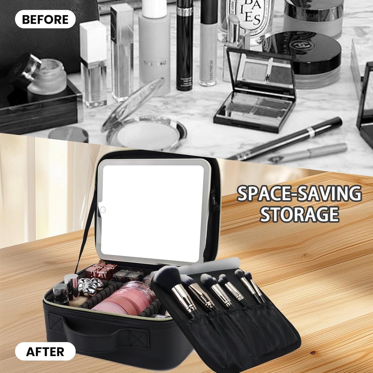 Travel Makeup Bag with LED Mirror and Light Travel Makeup Case Cosmetic Organizer Portable Cosmetic Brush Organizer Bag with Adjustable Dividers for Cosmetics Makeup Brushes Toiletry (Black)