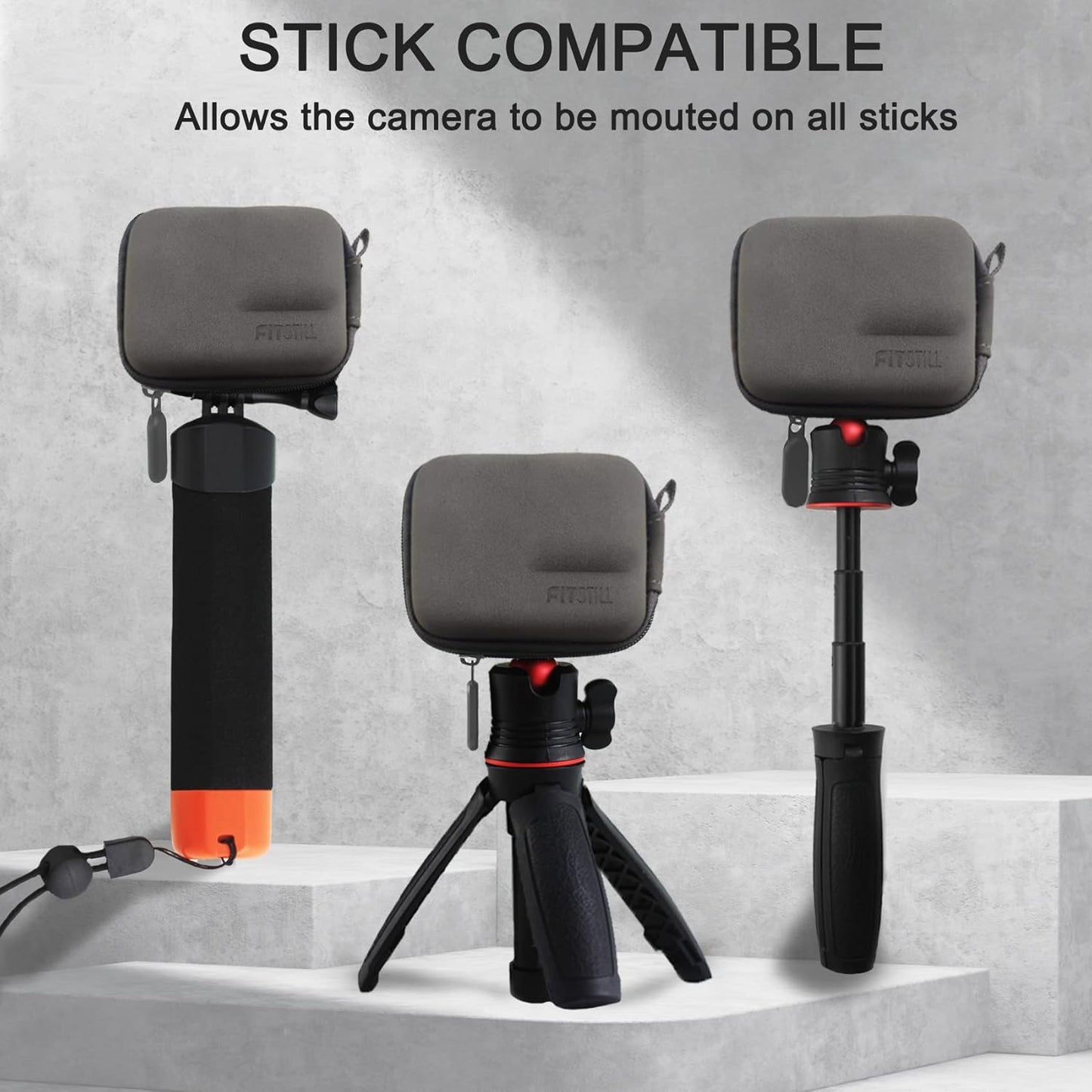 FiTSTILL Grey PU Mini Carrying Case for Go Pro Hero 12/11/10/9/8/7/(2018)/6/5 Black,Hard Shell Travel Storage Case for DJI Osmo Action,AKASO,Campark,YI Action Camera and More