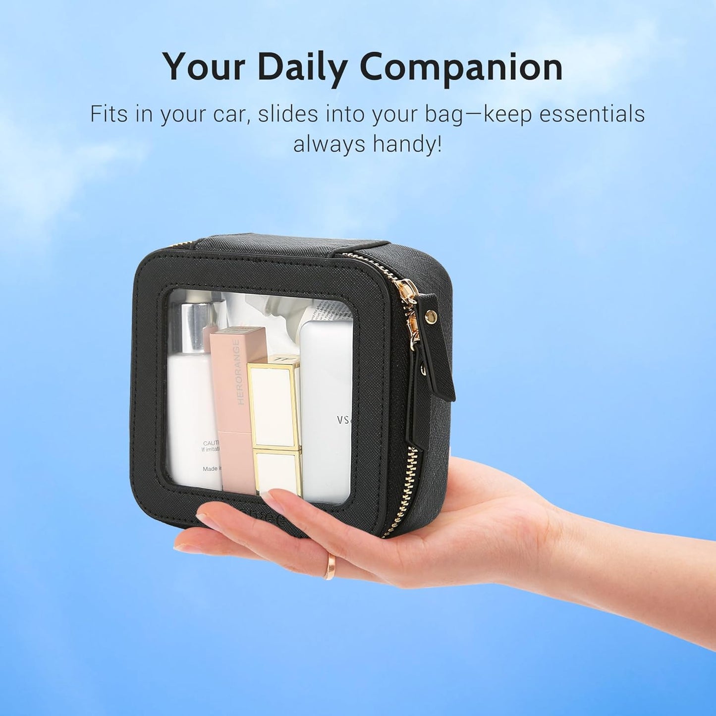 Aveniee Mini Clear Makeup Bag, Small Cosmetic Bags Travel Toiletry Pouch Organizer, TSA Approved Make up Case with Zipper, Car Bag for Essentials,Black