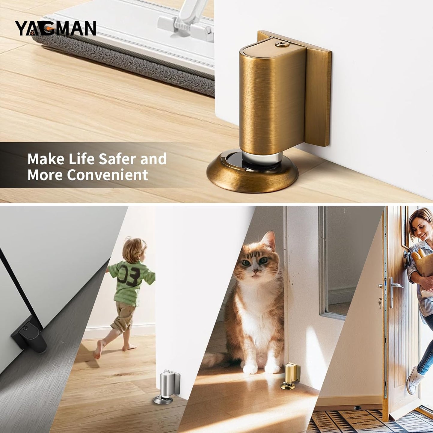 2 Pack Magnetic Door Stoppers Retractable Bottom of Door Holder No Drilling Mount Floor Door Stop with Screws and Adhesive Catch Door Keep Door Open Antique Brass AB-2