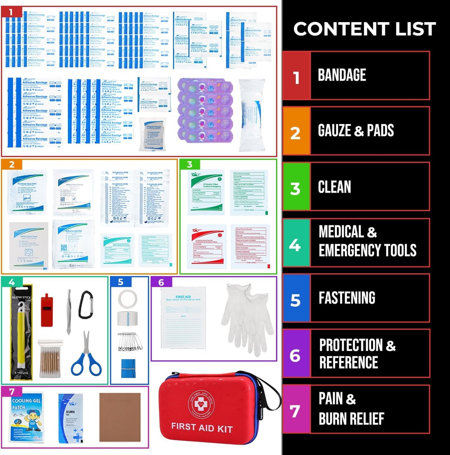 Premium First Aid Kit - 305 Piece Dual-Color Emergency Kit with Hard Shell & Fluorescent Interior Coating, Compact Survival Kit for Home, Car, Travel, Hiking & Outdoor(Red/Blue)