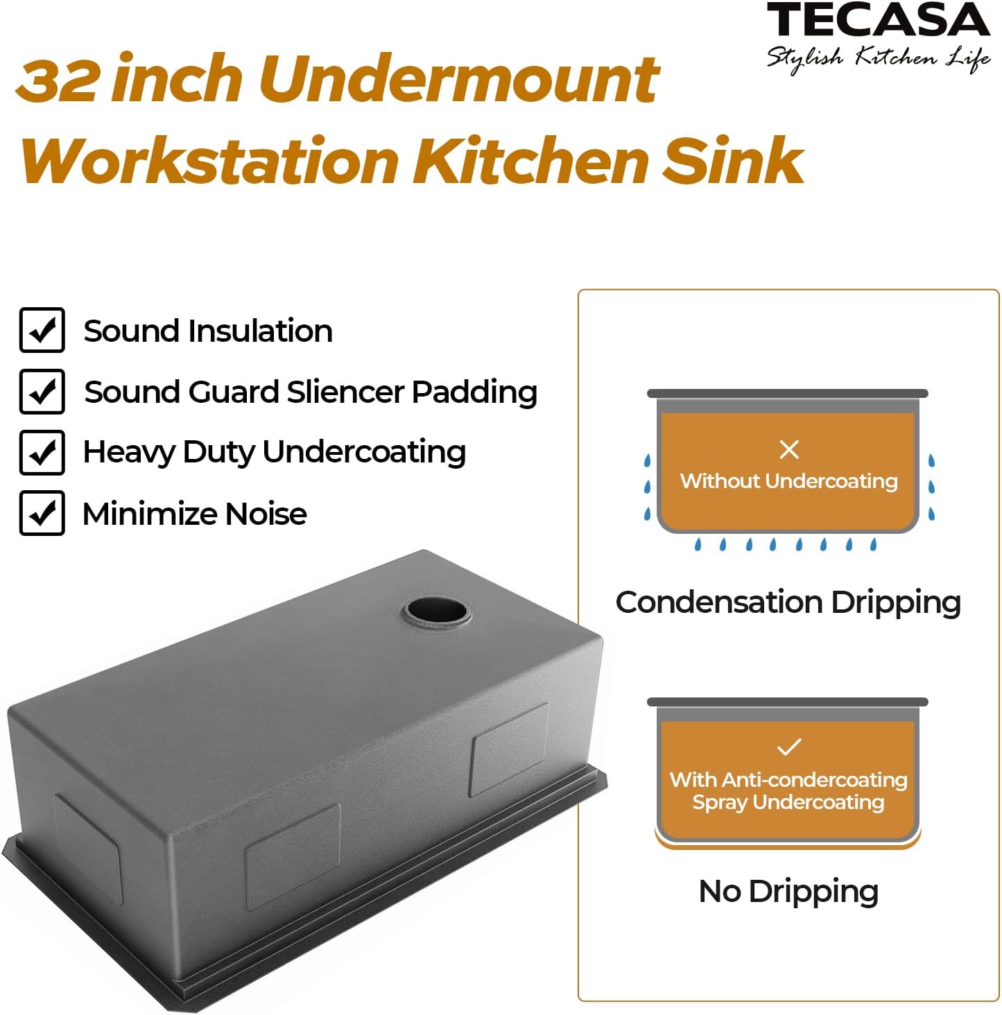 32 Inch Workstation Kitchen Sink, TECASA Undermount Deep Single Bowl, Stainless Steel with Integrated Ledge and Accessories, World-Class Manufacturing Standard (32" x 18" x 10")