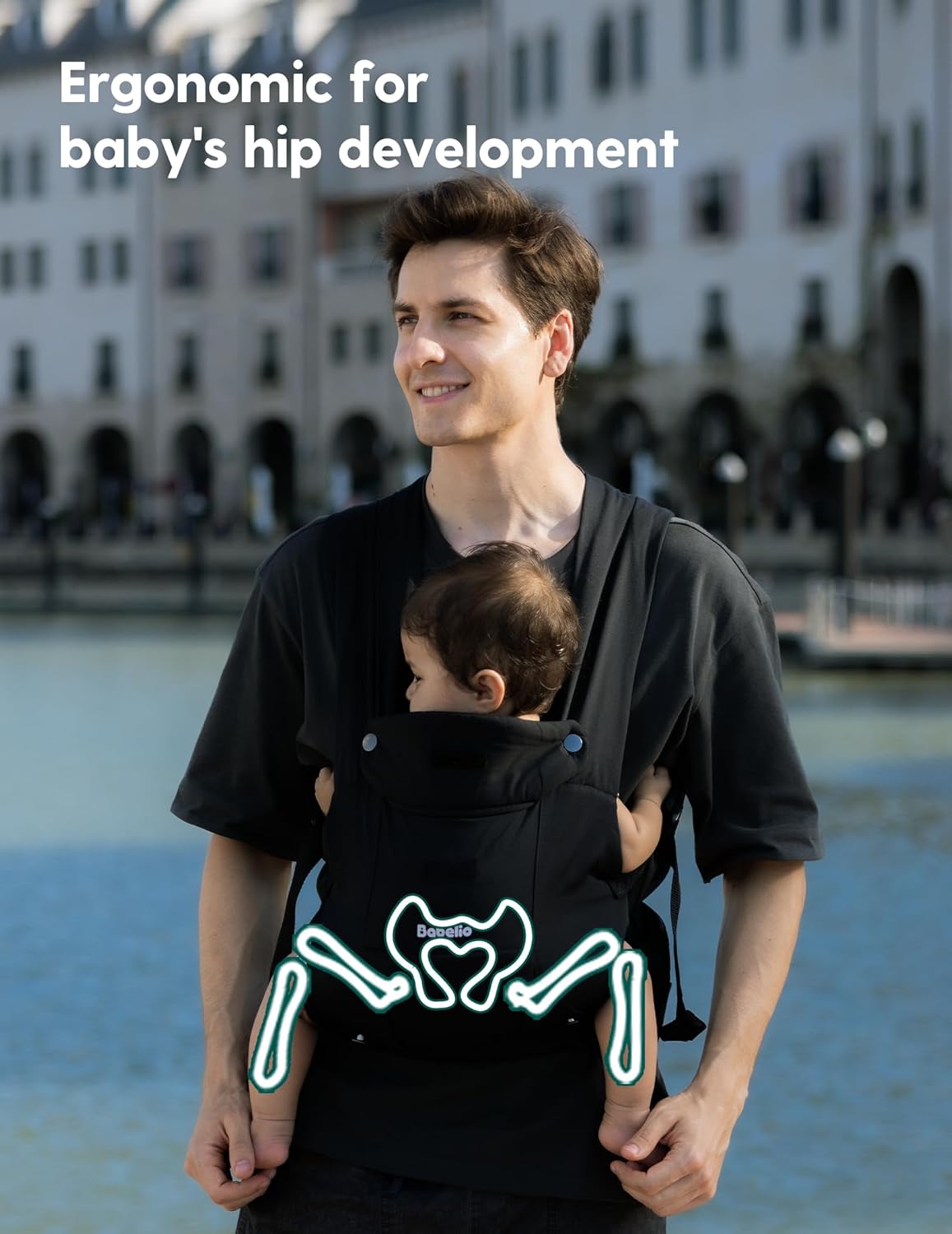 BABELIO Baby Carrier Newborn to Toddler, Wide Shoulder Straps Ergonomic Lightweight Infant Carrier for 7-45lbs, with Head Support, Hands-Free, Black