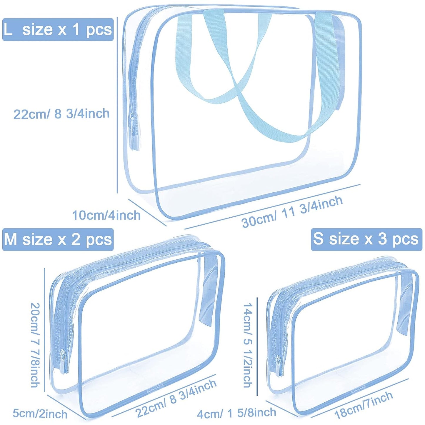 APREUTY Clear Makeup Bags, TSA Approved 6 Pcs Cosmetic Makeup Bags Set Clear PVC with Zipper Handle Portable Travel Luggage Pouch Airport Airline Vacation Organization (Haze Blue)