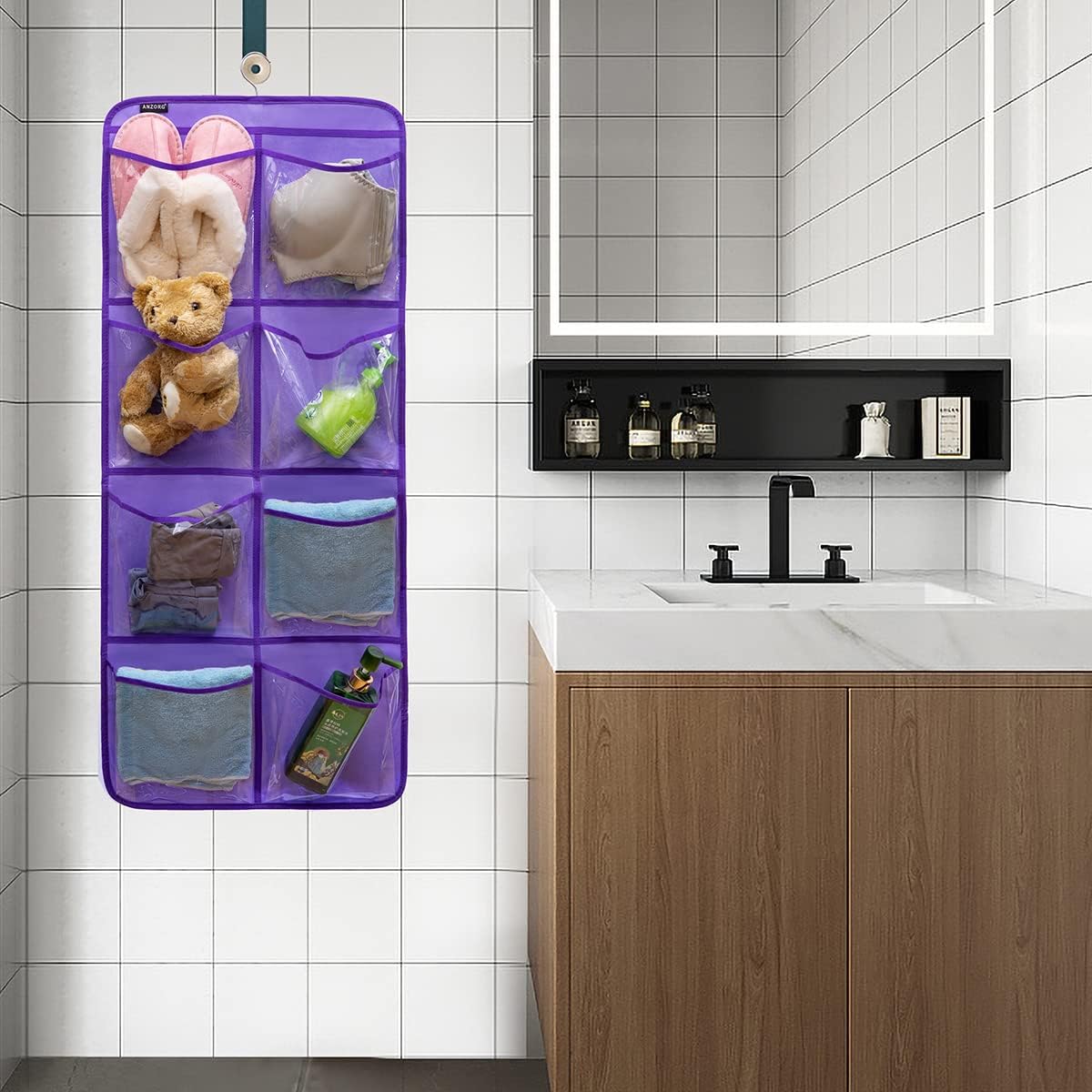 Dual-Sided Hanging Closet Organizer for Socks Underwear Bra Kids Storage Organizer for Baby Clothes Toddler Shoes with 26 Pockets (Purple-Clear Pockets)