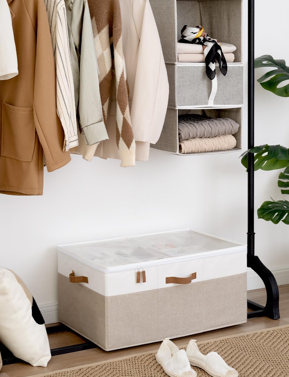 StorageWorks Shoe Organizer for Closet, Fits up to 24 Pairs, Shoe Cubby Storage Containers with Adjustable Dividers and Clear Cover, Brown & White