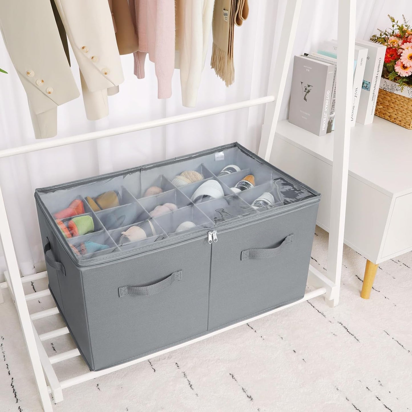 Shoe Organizer for Closet, Foldable Shoe Box with Adjustable Dividers and Clear Cover, Space Saving Shoe Storage Organizer Cabinet with Reinforced Handles, Fits 20 Pairs, Gray, TP10G