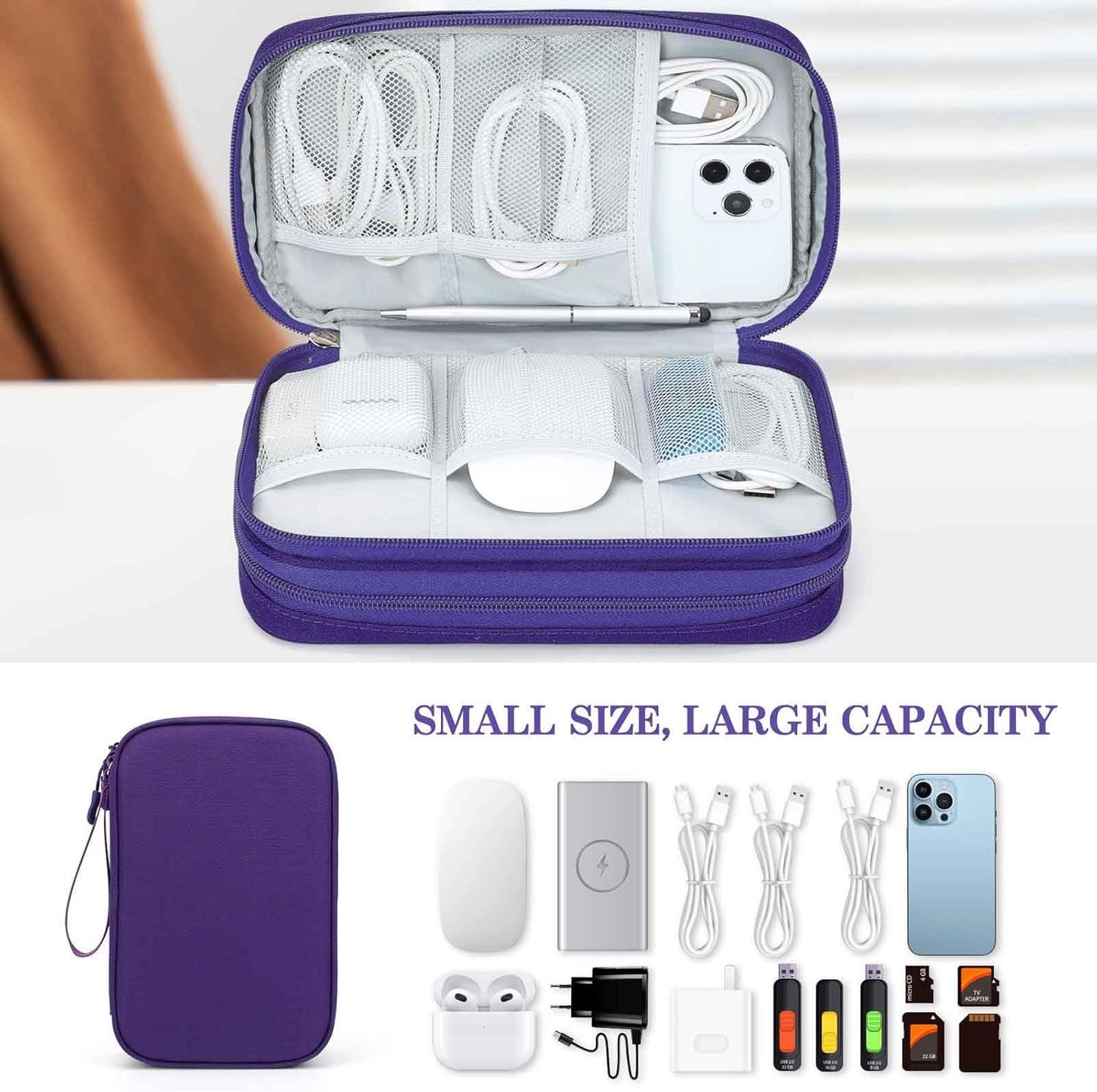 FYY Electronic Organizer, Large Travel Cable Organizer Bag Pouch Electronic Accessories Carry Case Portable Waterproof Double Layers All-in-One Storage Bag for Cable, Cord, Charger, Purple