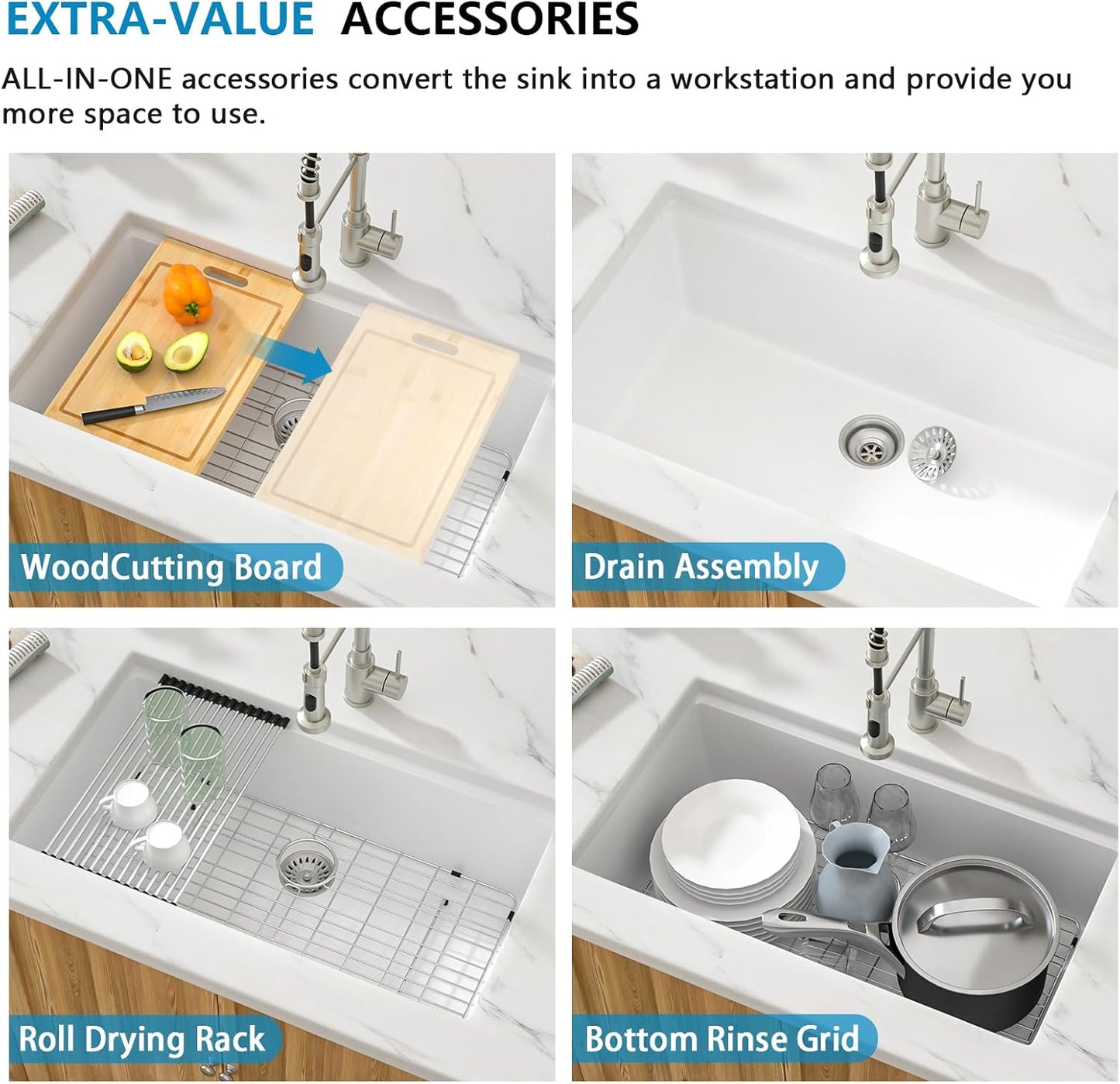 30 White Granite Composite Kitchen Sink - Donsdey 30 Inch White Kitchen Sink Undermount Ledge Workstation Granite Quartz Composite Under Counter Single Bowl Sink Basin