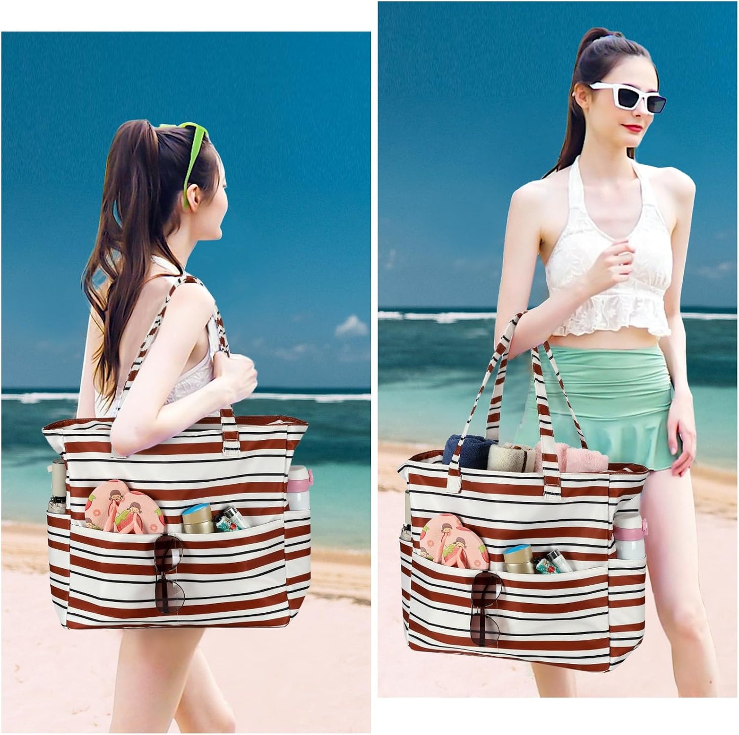 LEDAOU Large Beach Tote Bag Women Waterproof Sandproof Zipper Beach Tote Bag for Pool Gym Grocery Travel with Wet Pocket