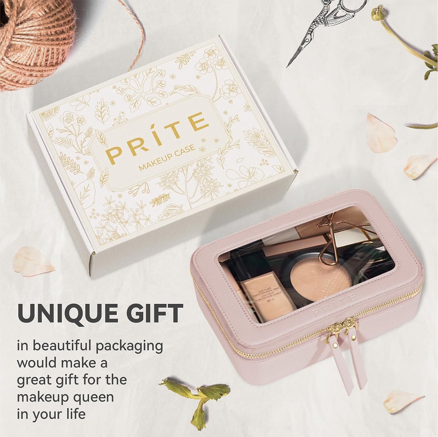 Prite Clear Makeup Bag Cosmetic Organizer Case Waterproof Travel Toiletry Bag Skincare Pouch with Golden Zipper(Pearlescent Pink)