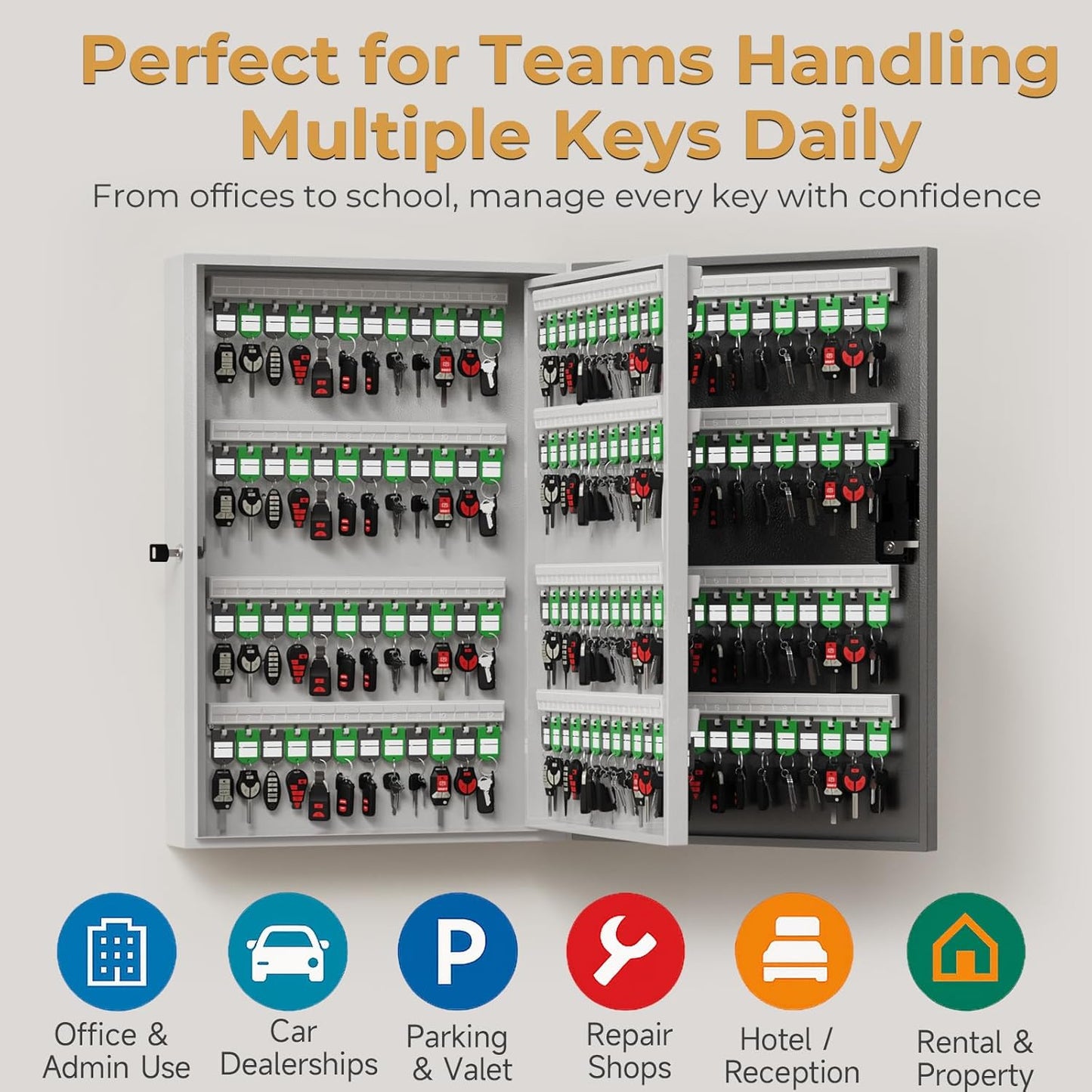192 Key Cabinet Organizer,Metal Key Lock Box Wall Mount use OTP Technology Unlock,Fixed Password/Bluetooth/OTP Share Half-Remote Unlock,Security Lockbox for Key Management Hook & Storage