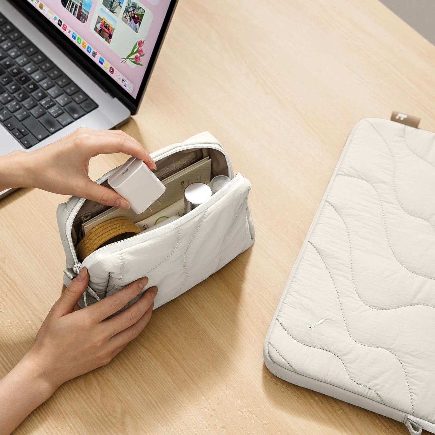 tomtoc Electronics Organizer Travel Case, Soft Puffy Organizer Bag Birthday Christmas Gifts Travel Essentials for Women Girls, Portable Accessory Tech Pouch Storage for Charger, Cord, Cable, Phone