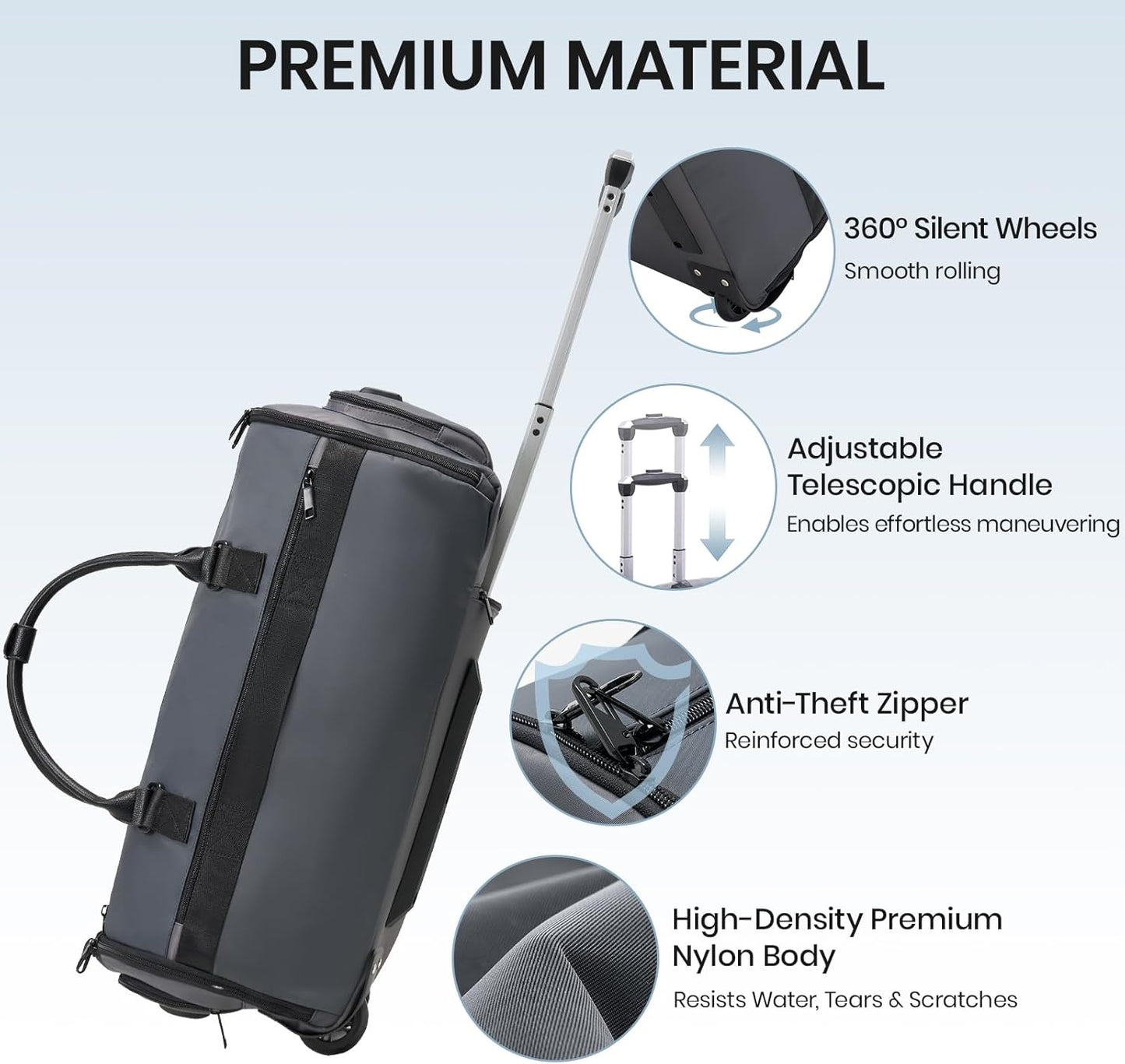 Fanwoli 3-in-1 Rolling Garment Bag for Travel, Wheeled Carry-On Luggage with Shoe Storage & Detachable Organizer, Wrinkle-Free Compartment for Suits/Dresses/Wedding Gowns, Fits Most Airline Size