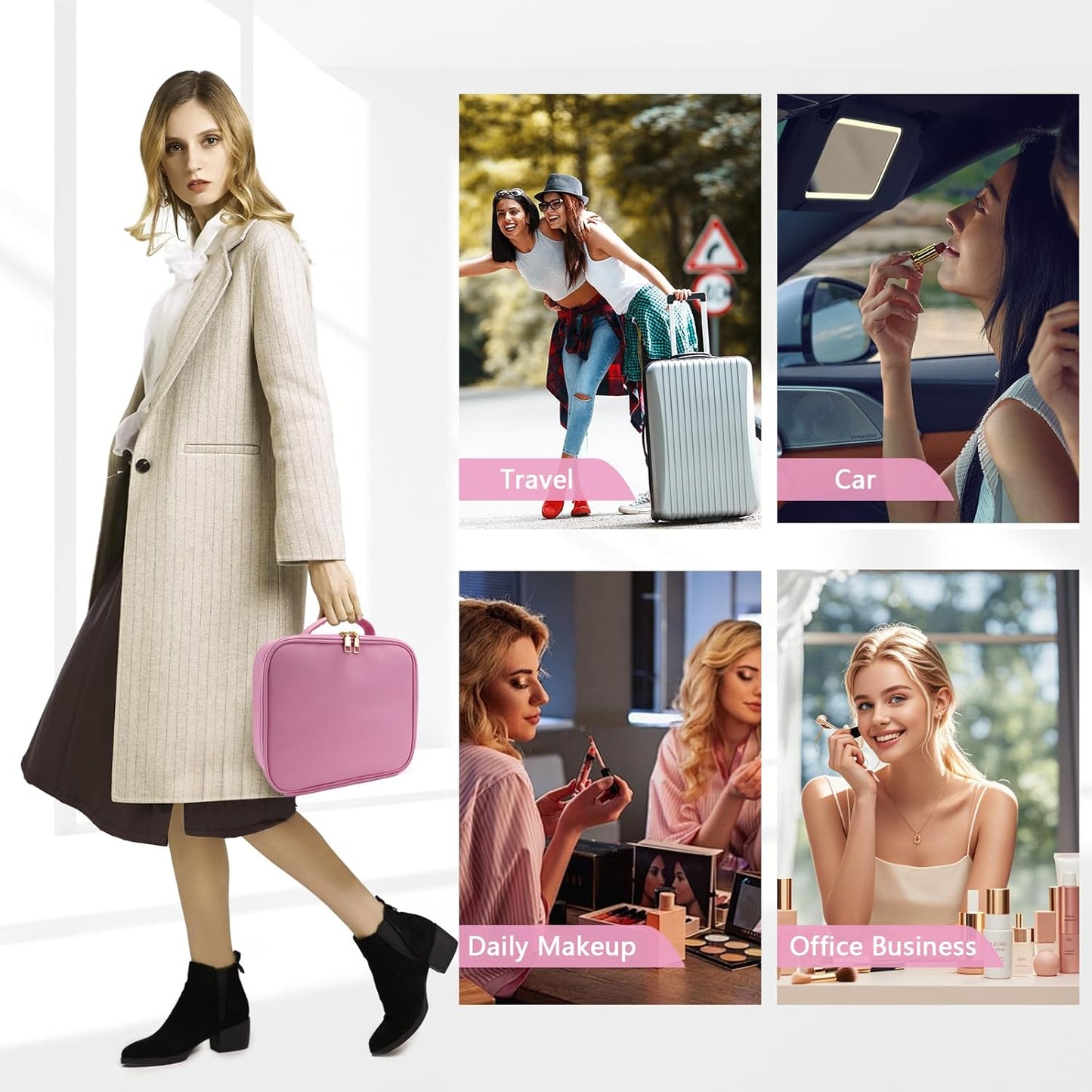 Travel Makeup Bag for Makeup Artists Large Makeup Case,with Mirror 3 Color Setting and Detachable 10x Magnifying Mirror Travel Makeup Bag,Portable Storage and Adjustable Dividers(Dark Pink)