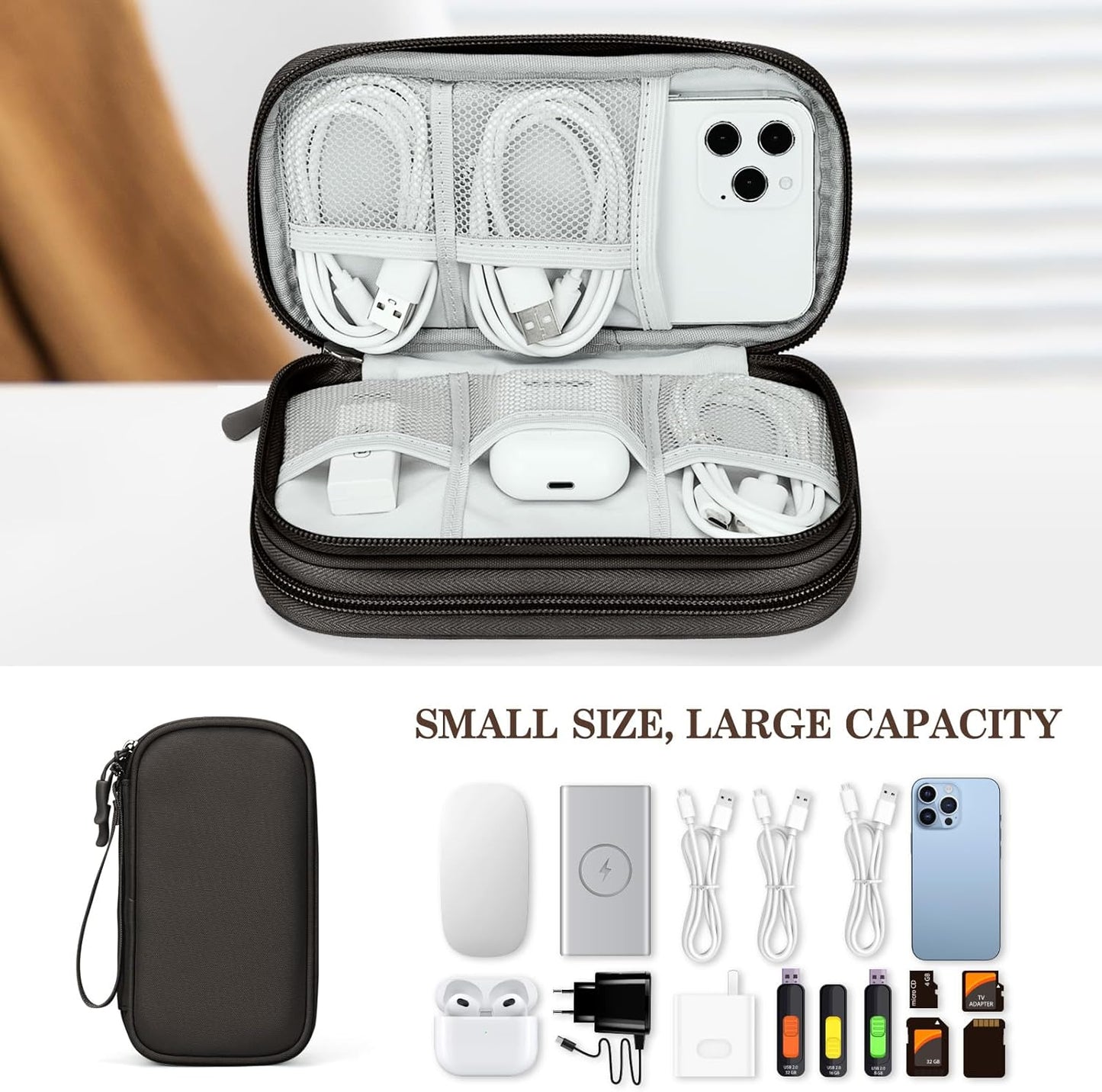 FYY Electronic Organizer, Travel Cable Organizer Bag Pouch Electronic Accessories Carry Case Portable Waterproof Double Layers All-in-One Storage Bag for Cable, Cord, Charger, Phone, Earphone Coffee