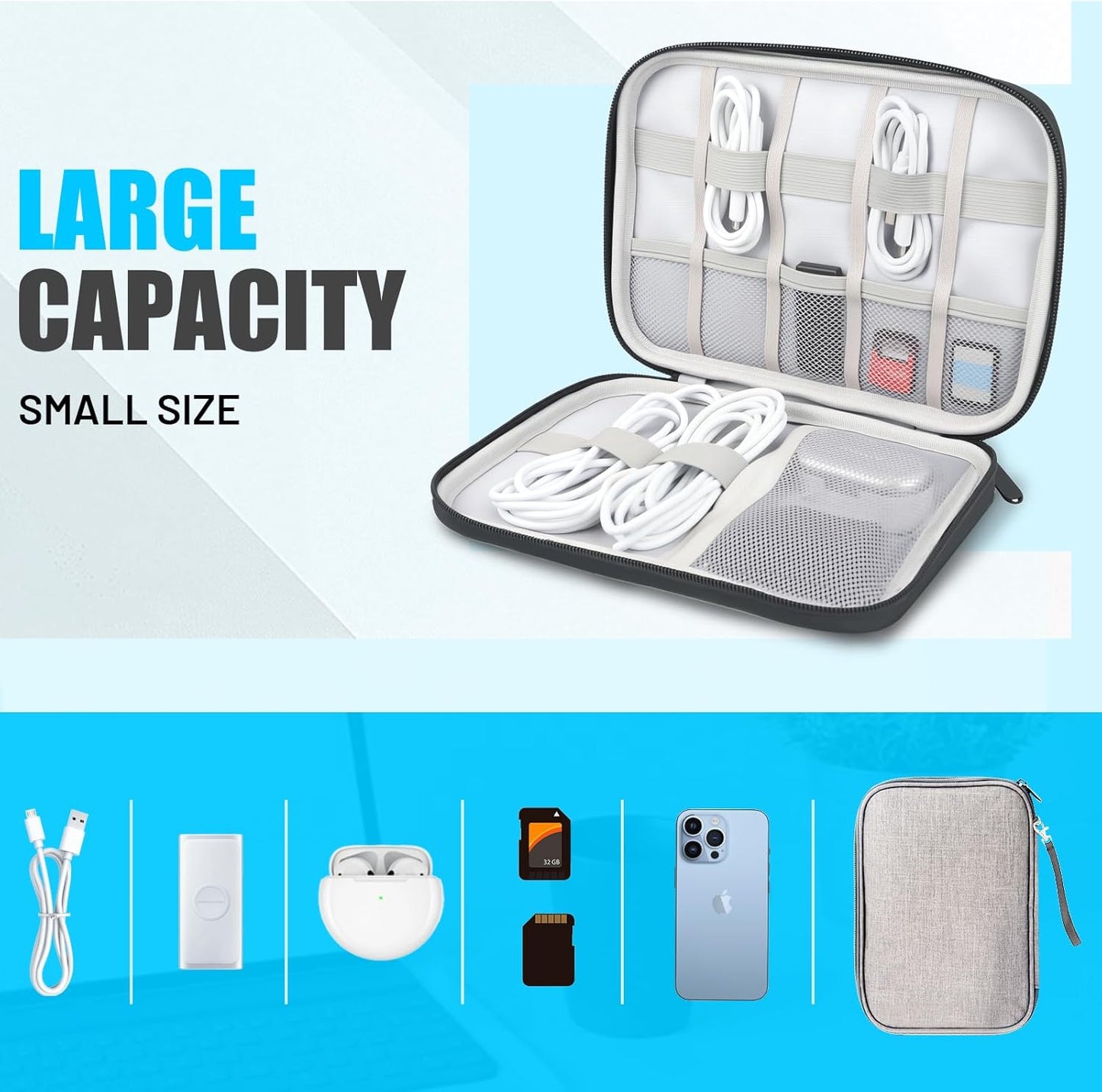 Travel Cable Organizer Bag, Electronics Organizer Tech Pouch with Double Layers for Cords, Chargers, Phone, Earphones, USBs, SD Cards - Travel Essentials Portable Waterproof Tech Pouch