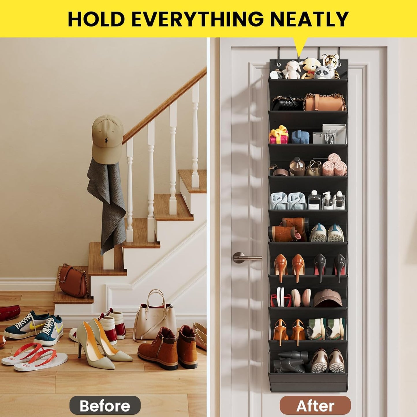 Over the Door Shoe Organizer for Closet, Shoes Rack with 10 Tier PVC Window Deep Pockets, Hanging Shoe Organizers for Boot Storage, Behind the Door Narrow Shoe Holder for Small Shoes, Black