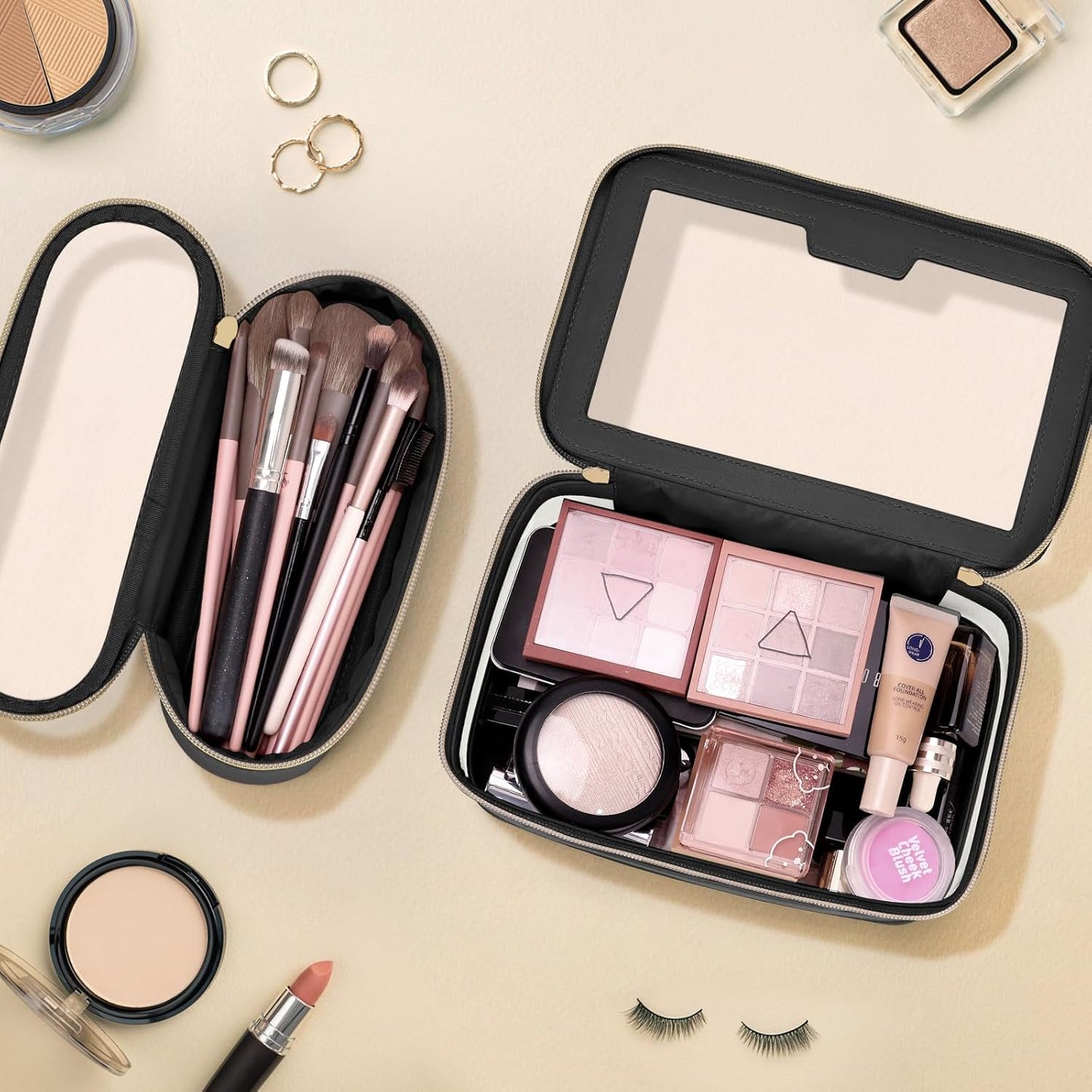 Travel Clear Makeup Bag with Makeup Brush Bag, Leather Makeup Case Toiletry Bag, Portable Cosmetic Bag Case, Transparent Waterproof Cosmetic Organizer Storage Bag for Women, Medium, Black