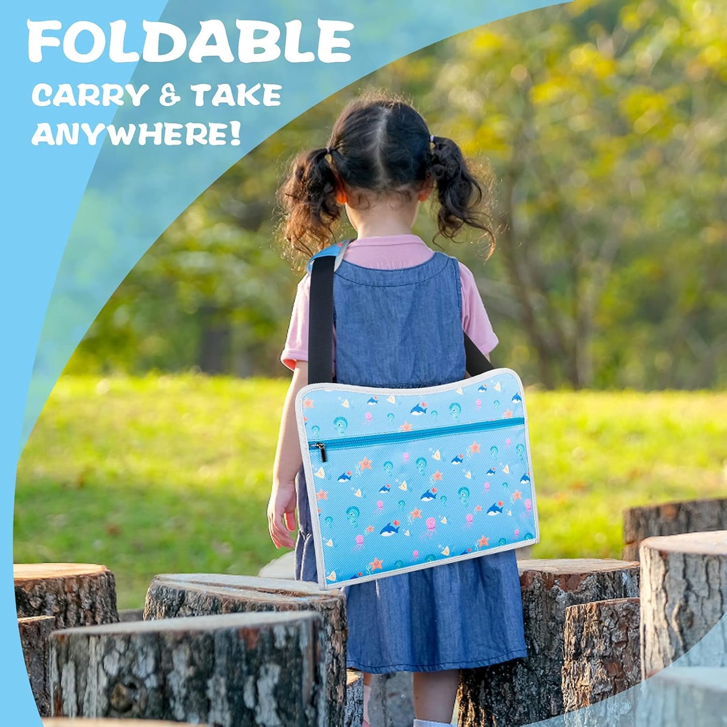 MENZOKE Kids Travel Tray, Car Seat Tray for Kids Travel, Toddler Essentials Girls with Tablet Holder, Road Trip Essentials with Cooler Cup Holder, Dry Erase Board & Storage Pocket for Airplane, Blue