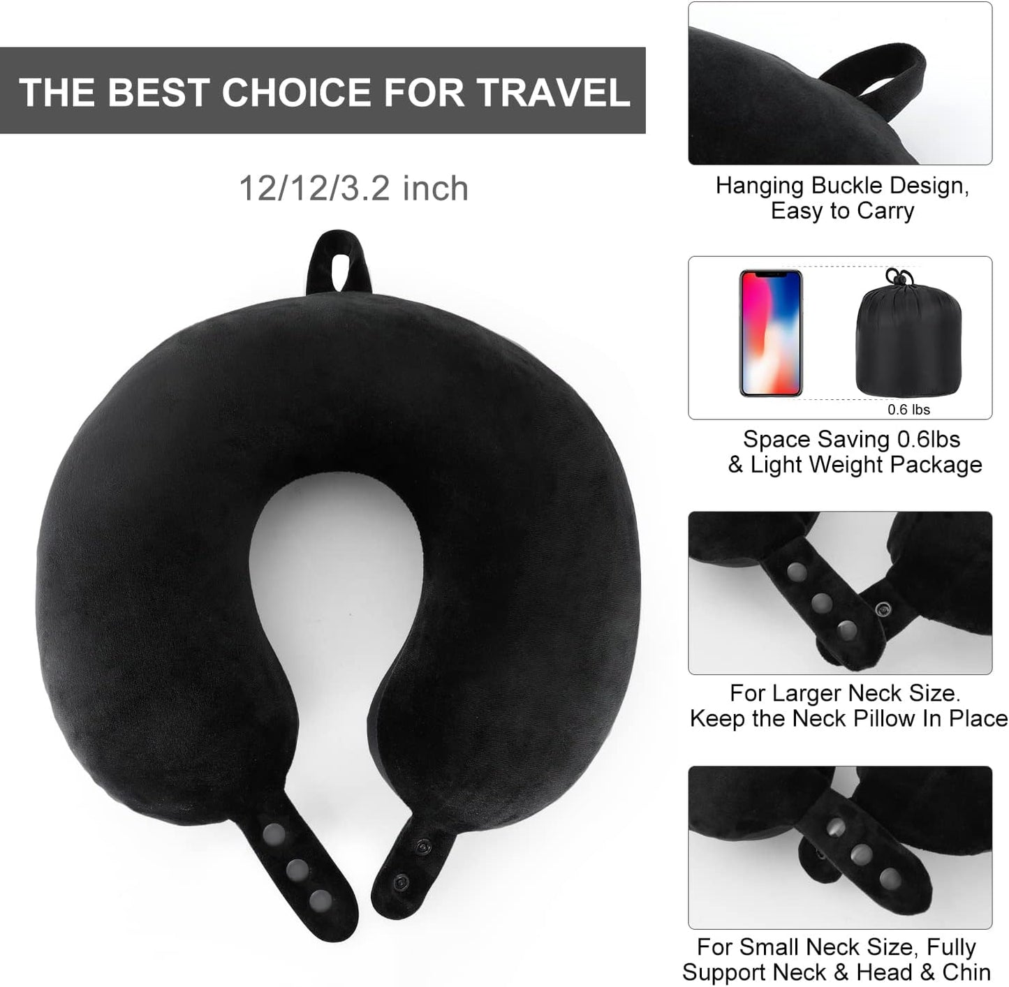 Travel Pillow, Best Memory Foam Neck Pillow Head Support Soft Pillow for Sleeping Rest, Airplane Car & Home Use (Black5)