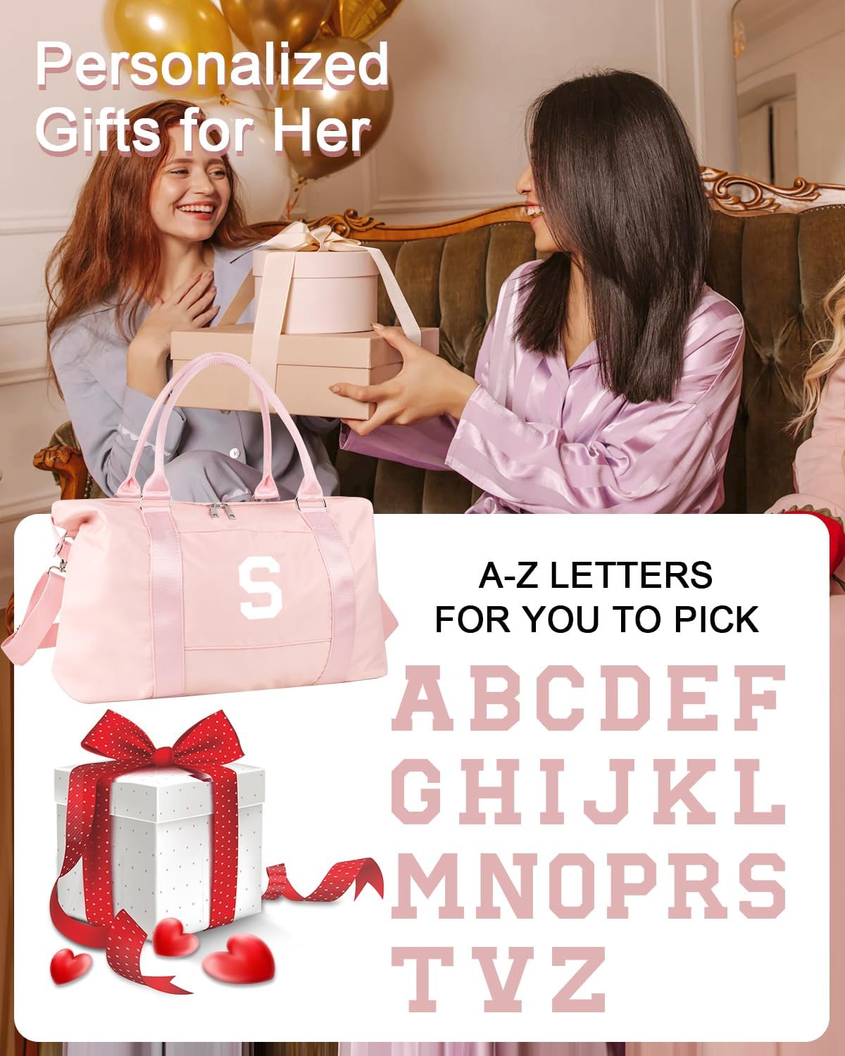 Initial Travel Duffel Bag Sports Gym Bag for Girls Teen Birthday Gifts,Pink Personalized Weekender Bag Carry On Tote Bags for Women Men,Waterproof Overnight Luggage Bag with Trolley Sleeve(Letter S)