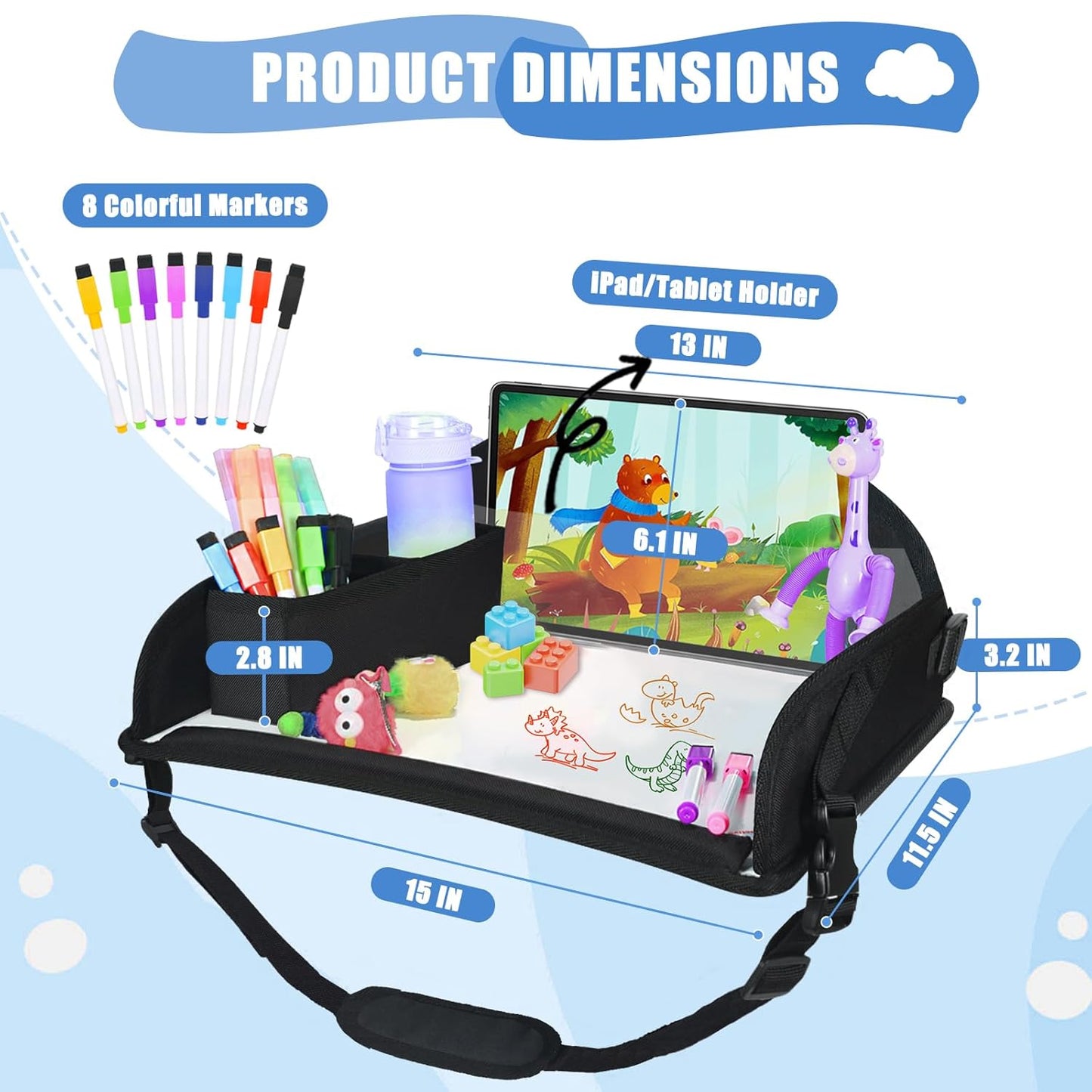 Upgraded Kids Travel Tray for Airplane - Toddler Car Seat Table Tray, Road Trip Essentials for Boys & Girls, Carseat Lap Desk for Kids Road Trip Activities, Black