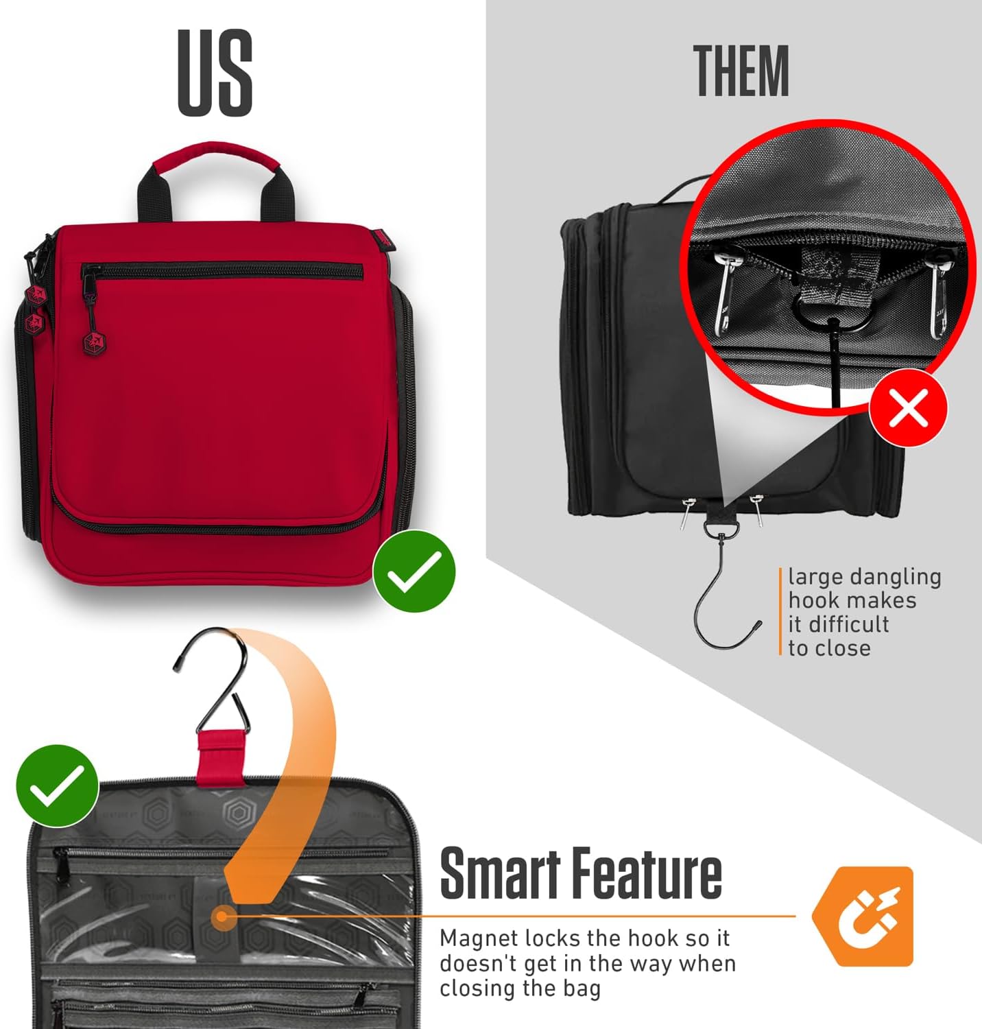 VENTURE 4TH Hanging Travel Toiletry Bag for Women & Men - Travel Organizer with Expandable Compartments & Removable Clear Pouch for Toiletries (Red)